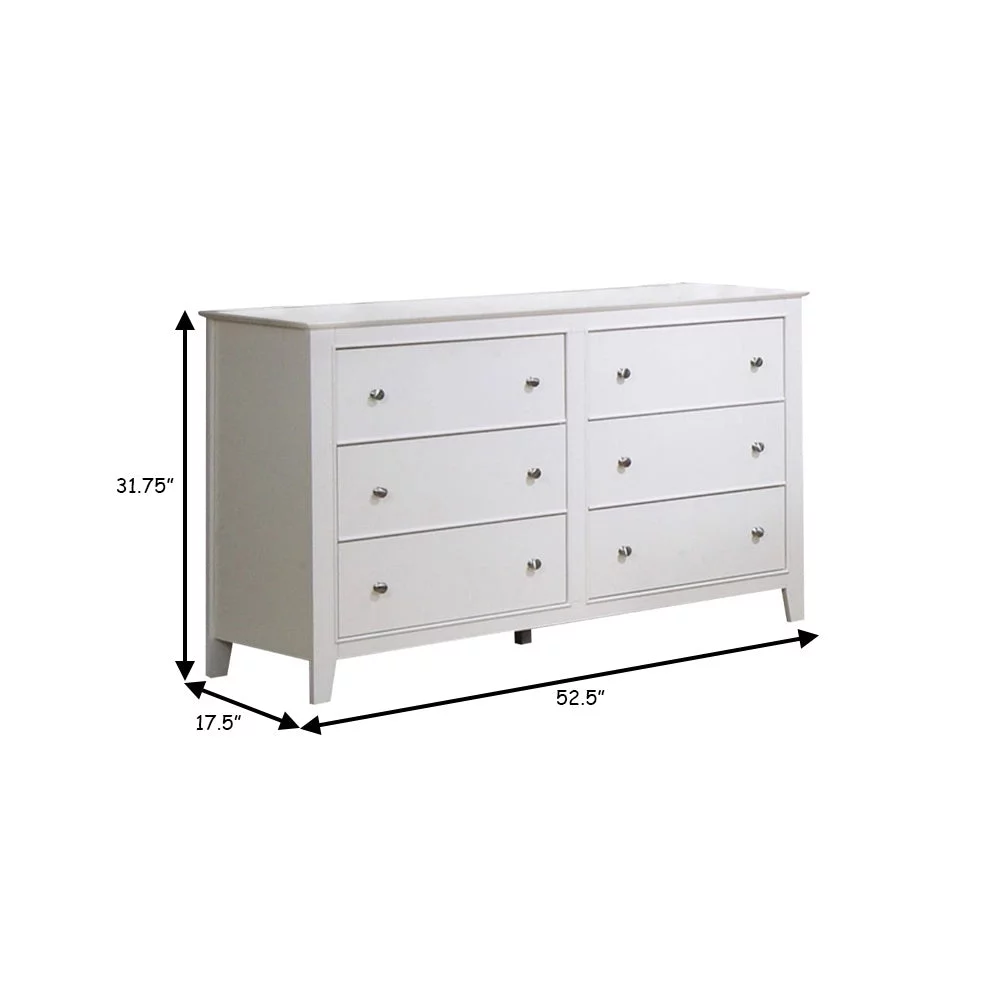 Benzara 53 Inch Wood Dresser, 6 Drawers, Metal Knobs, White