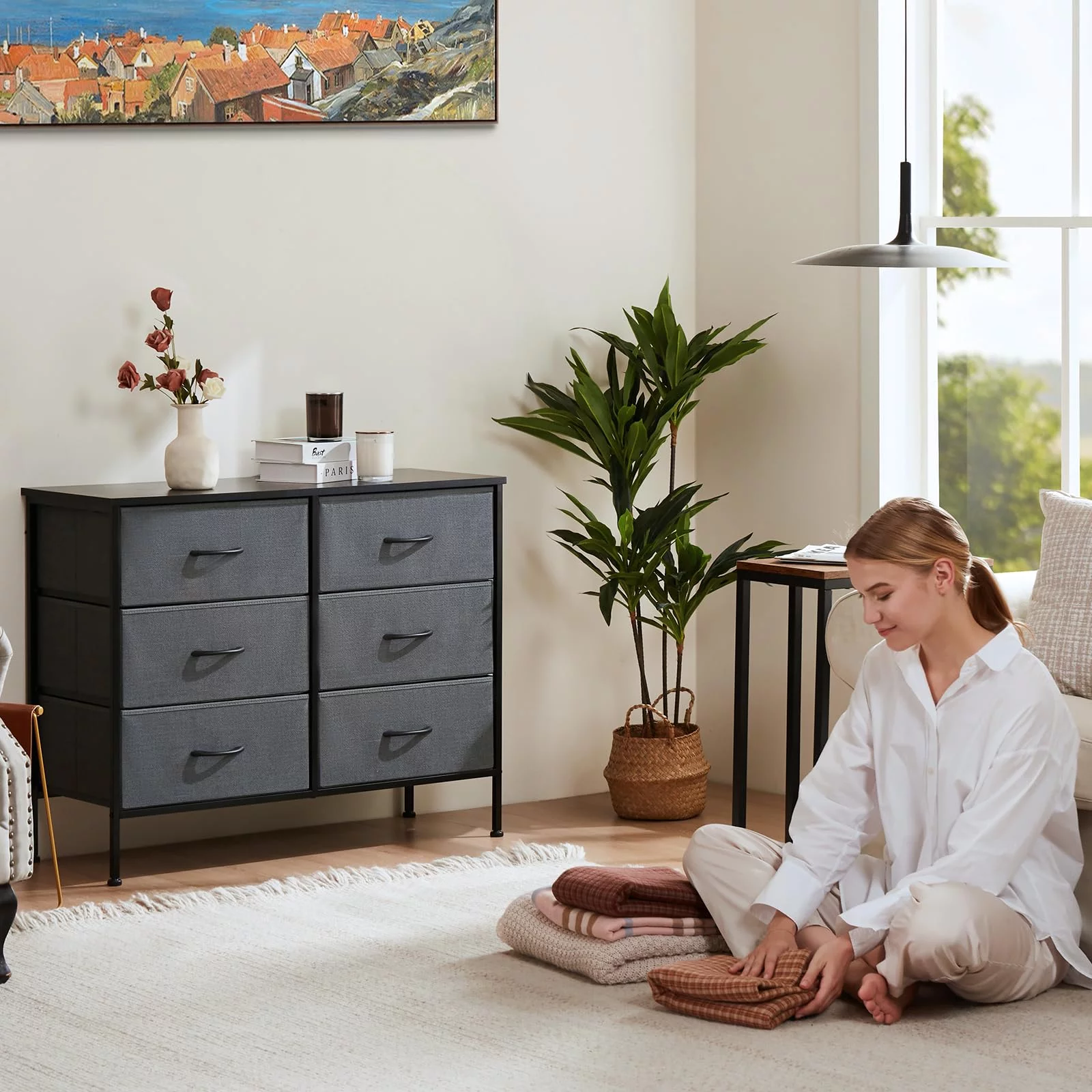 BISHE 6 Drawer Wide Fabric Storage Dresser for Bedroom with Metal Frame and Wooden Top, Perfect TV Stand for up to 45