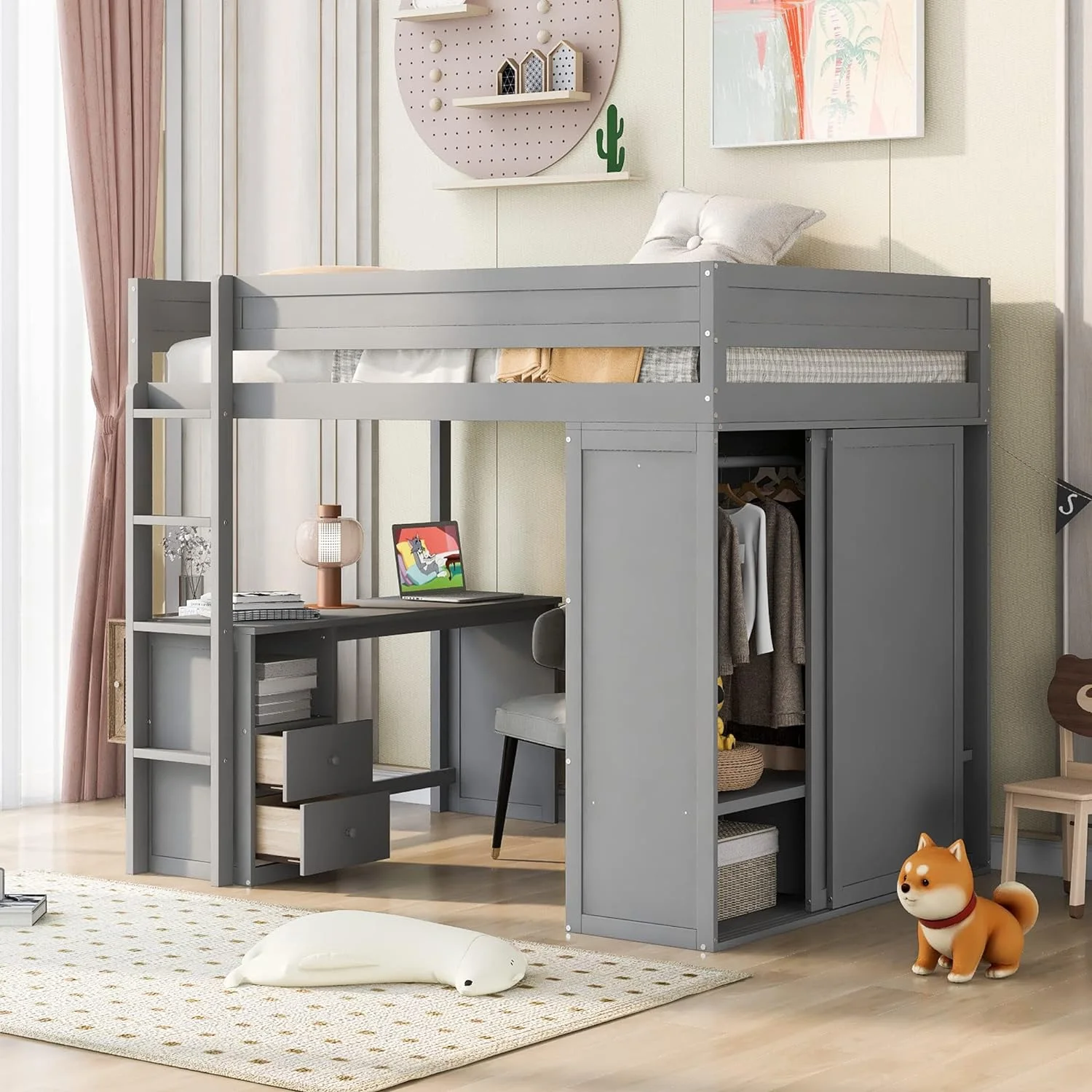 Full Size Loft Bed With Wardrobes Ad Desk, Solid Wood Loft Bed Frame With 2 Storage Drawers Cabiet, For Kids Tees Adults (Gray)