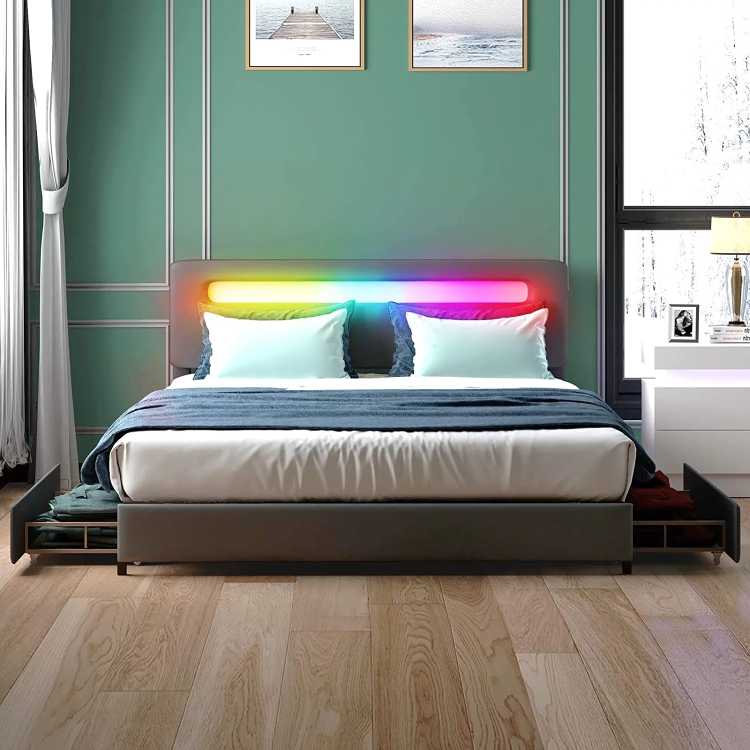 Mixoy King Size Bed Frame with 4 Storage Drawers, RGB LED King Bed Frame with Headboard, Platform Bed Frame King No Box Spring Needed,Easy Assembly (King,Grey)