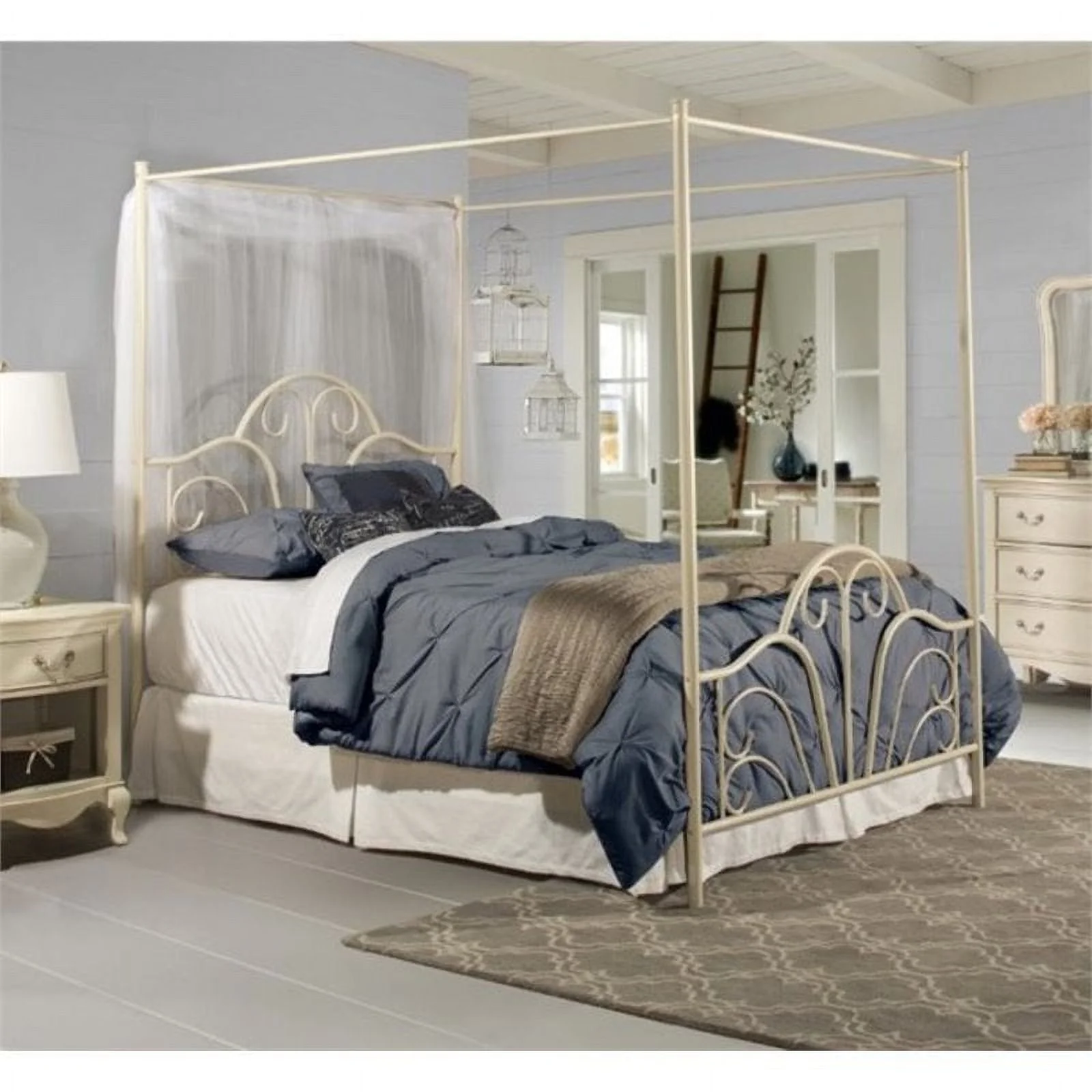 Bowery Hill Traditional Tubular Metal Steel Full Canopy Bed in Cream