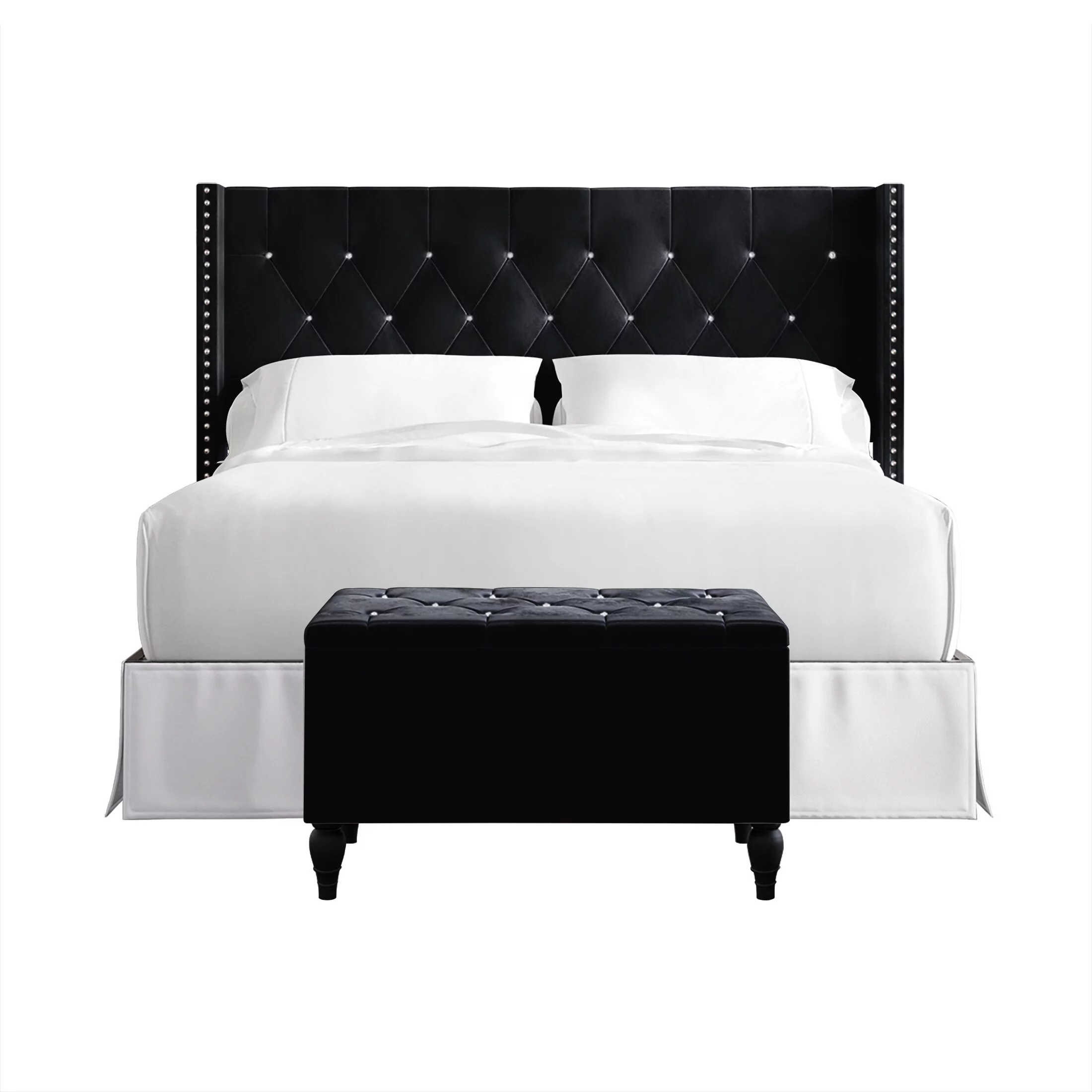 CraftPorch 2 Piece Bedroom Bench Set Velvet Wingback Upholstered Bed Black - King