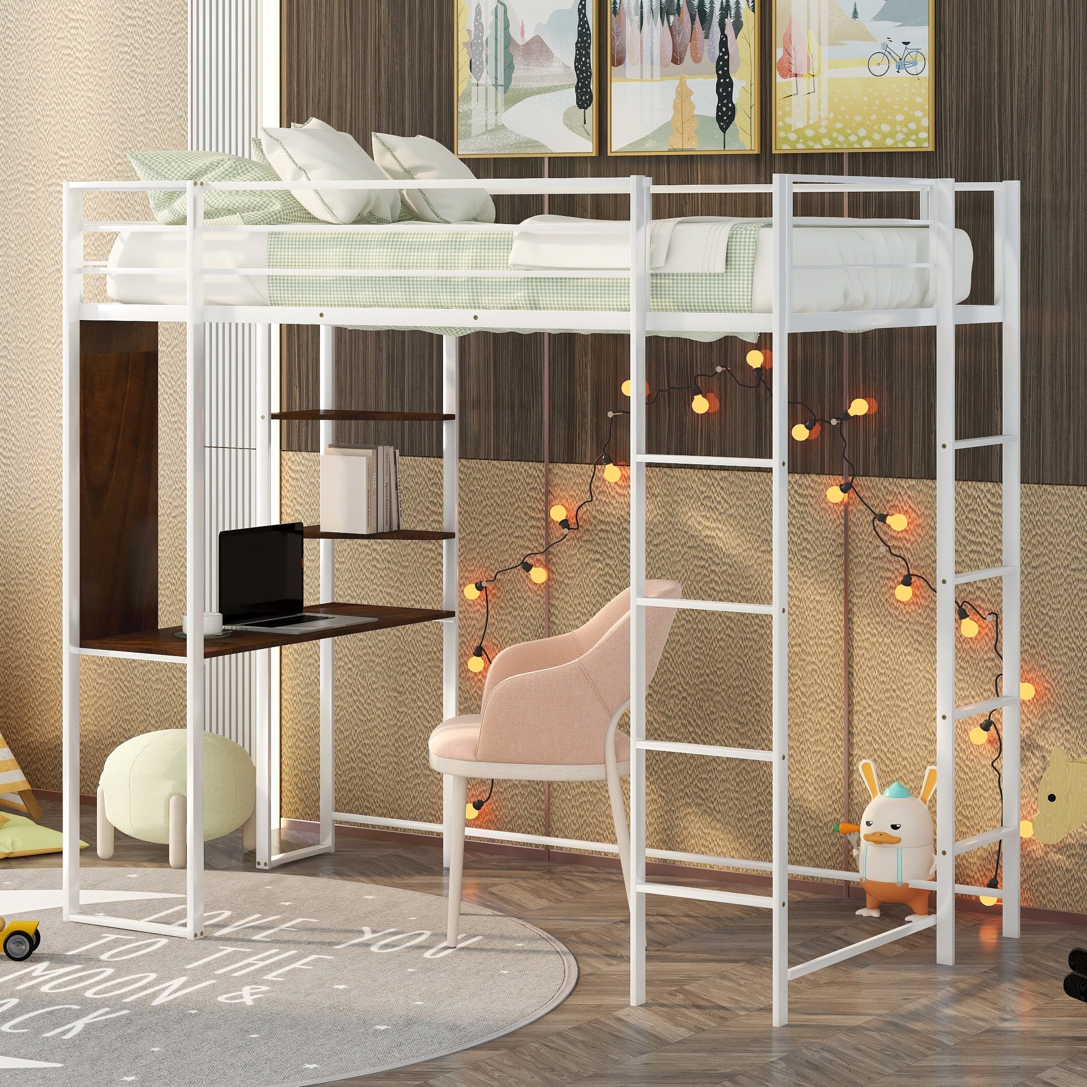Bellemave Twin Size Loft Bed with Desk and Shelves, Metal Loft Beds Frame Built-in 2 Ladders, Hight Loft Beds for Kids Boys Girls Teens (White)