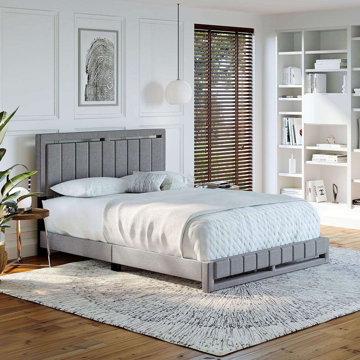 Beaumont Upholstered Platform Bed With Headboard, Mattress Foundation With Strong 14 Wood Slat Supports, No Box Spring Required, Gray Linen, Size Queen