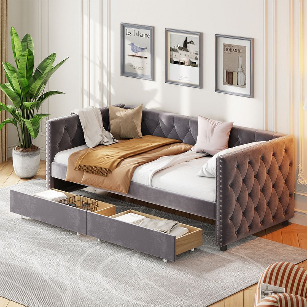 Sofa Bed With Drawers, Modern Velvet Upholstered Sofa Bed With Button Tufted Sofa Bed Frame With Double Drawers, Bedroom Living Room Furniture, Grey(83.47''X42.91''X30.71''')