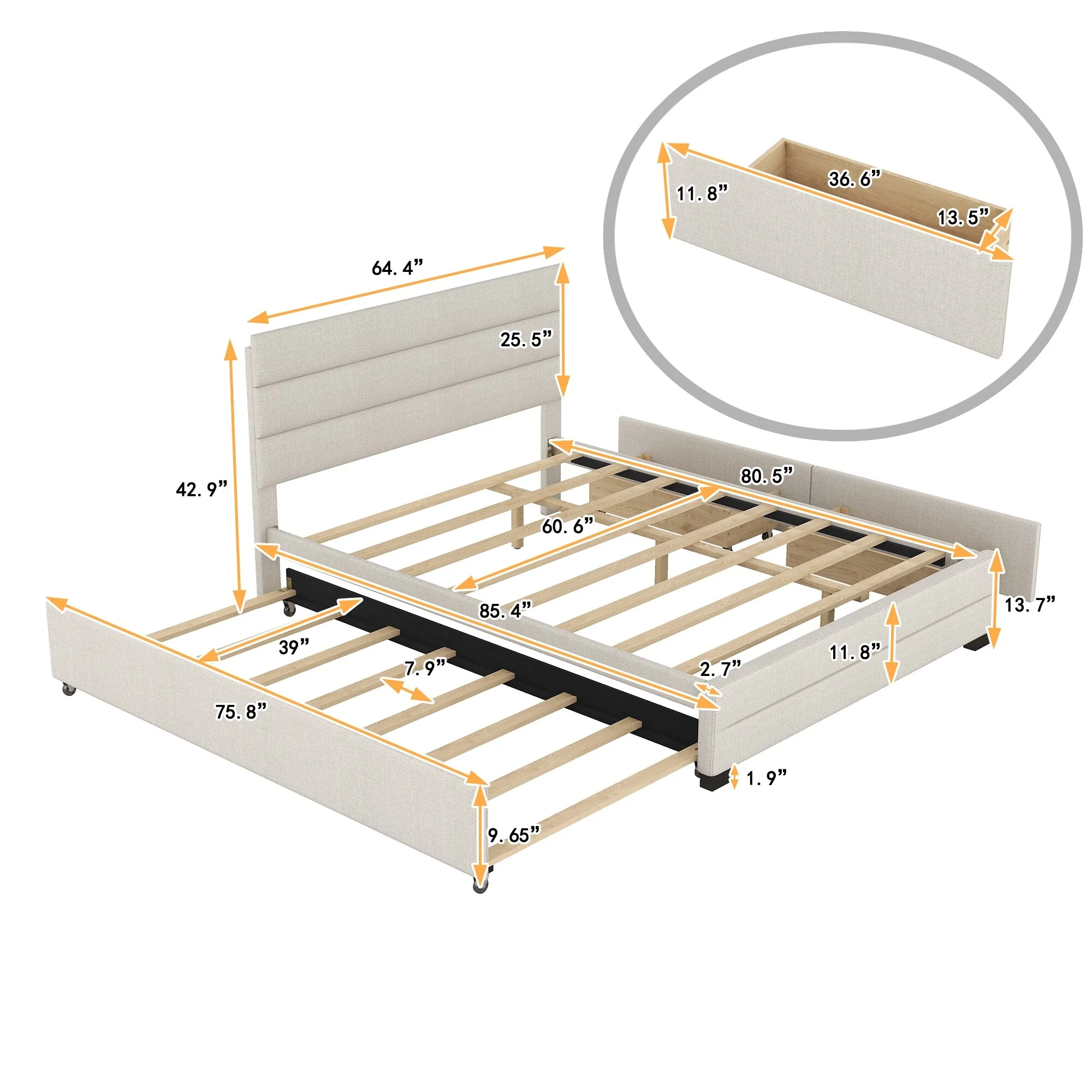 Queen Upholstered Platform Bed with Twi Trundle and 2 Drawers, Beige
