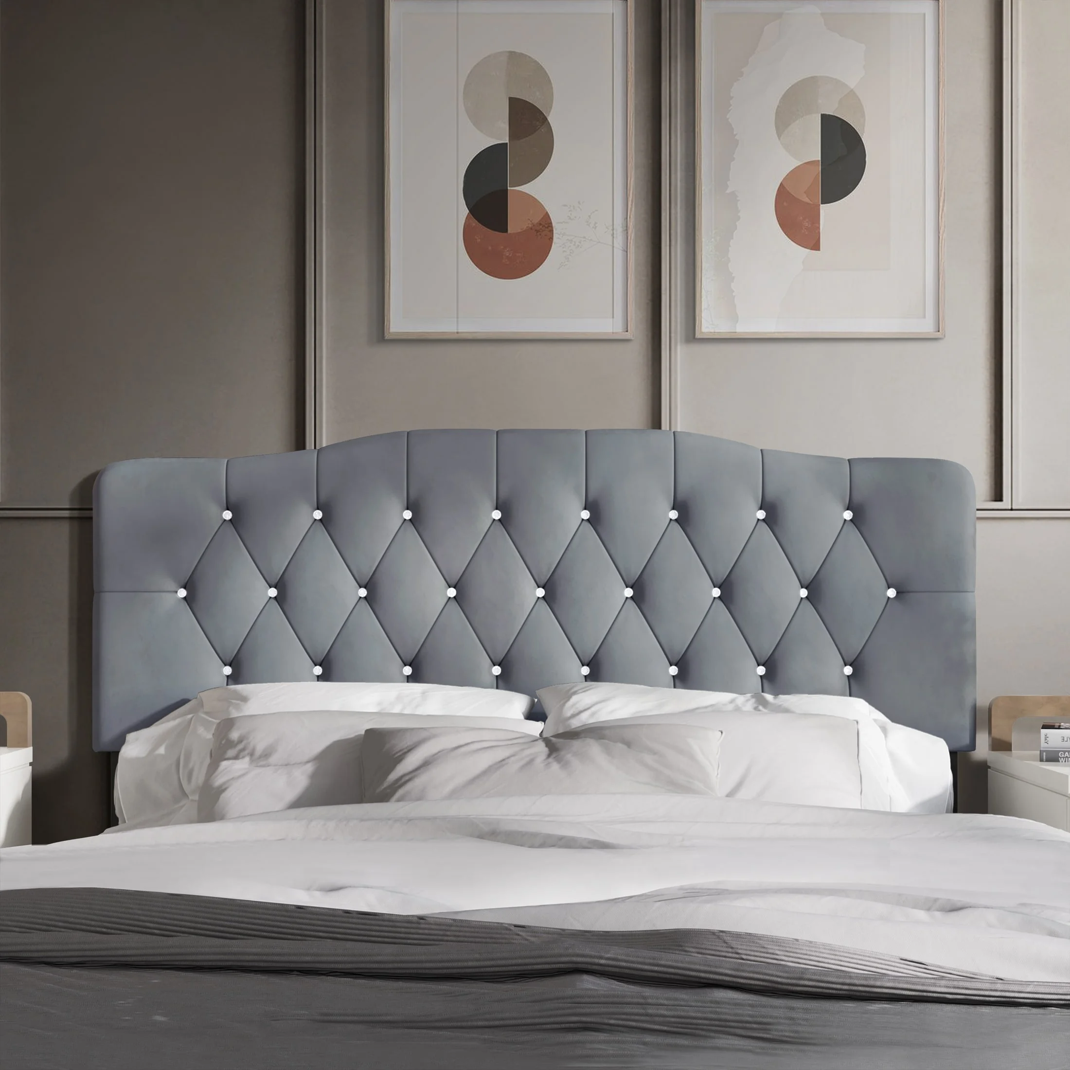 CraftPorch Velvet Button Tufted Curved Adjustable Headboard Baby Blue King