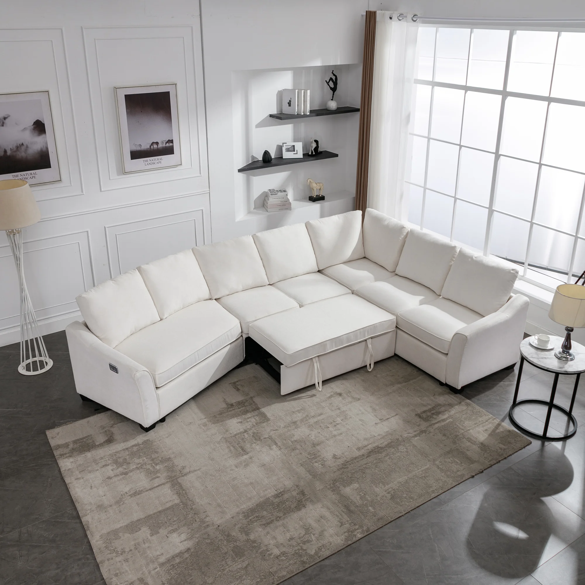 Churanty Convertible Sectional Sleeper Sofa with Pull Out Bed Modern L Shape Couch Bed with USB Charging Port for Living room, Beige