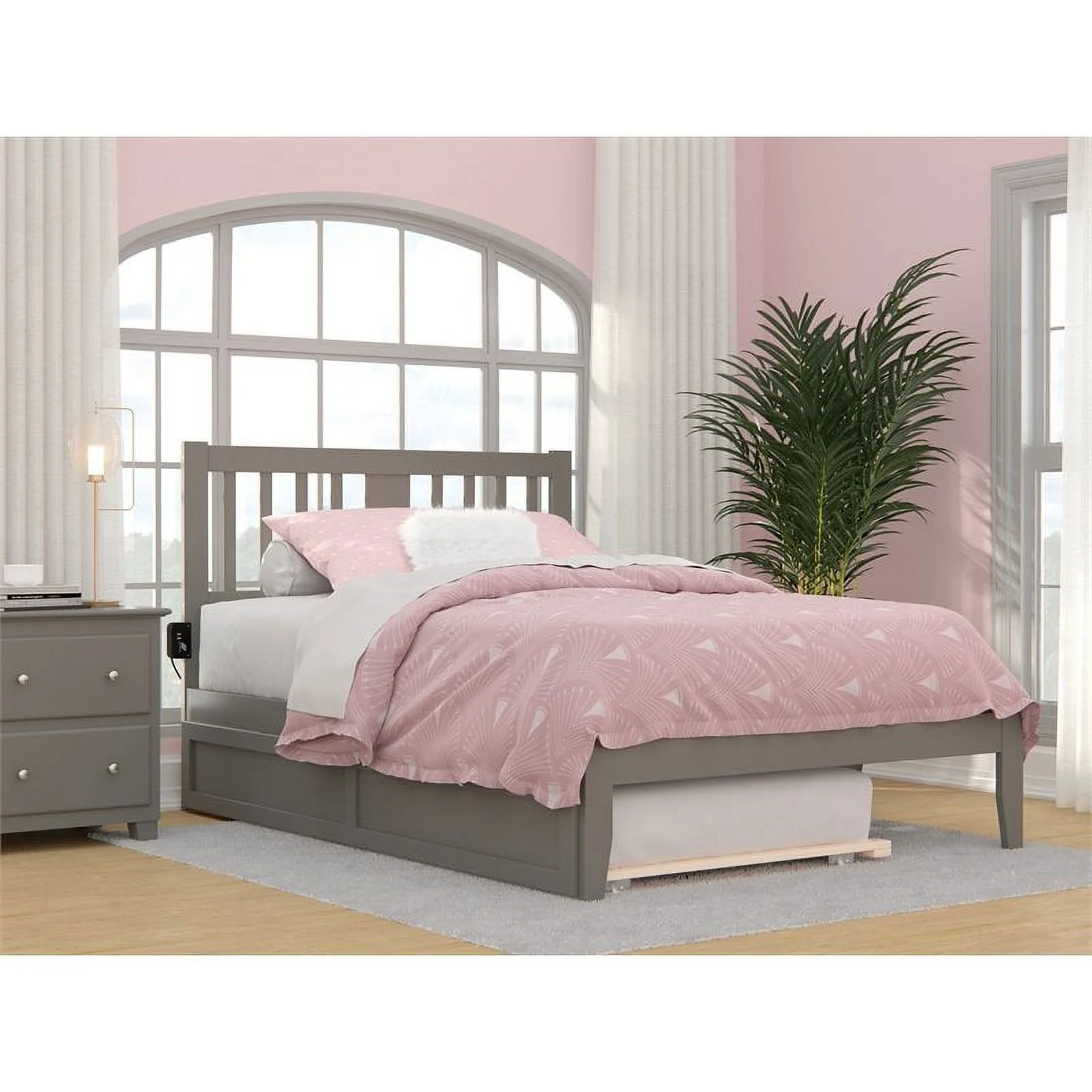 Pemberly Row Solid Wood Full Bed and Twin Trundle with USB Charger in Gray