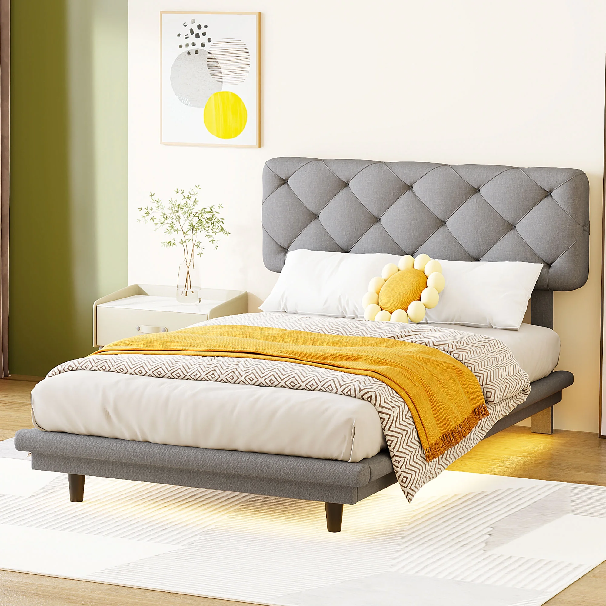 CoSoTower Twin Size Upholstered Bed with Light Stripe, Floating Platform Bed, Linen Fabric,Gray