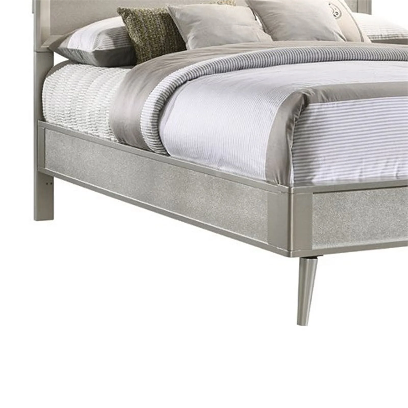 Benjara Panel Design Full Bed with Plank Style Headboard and Mirror Inlay, Silver