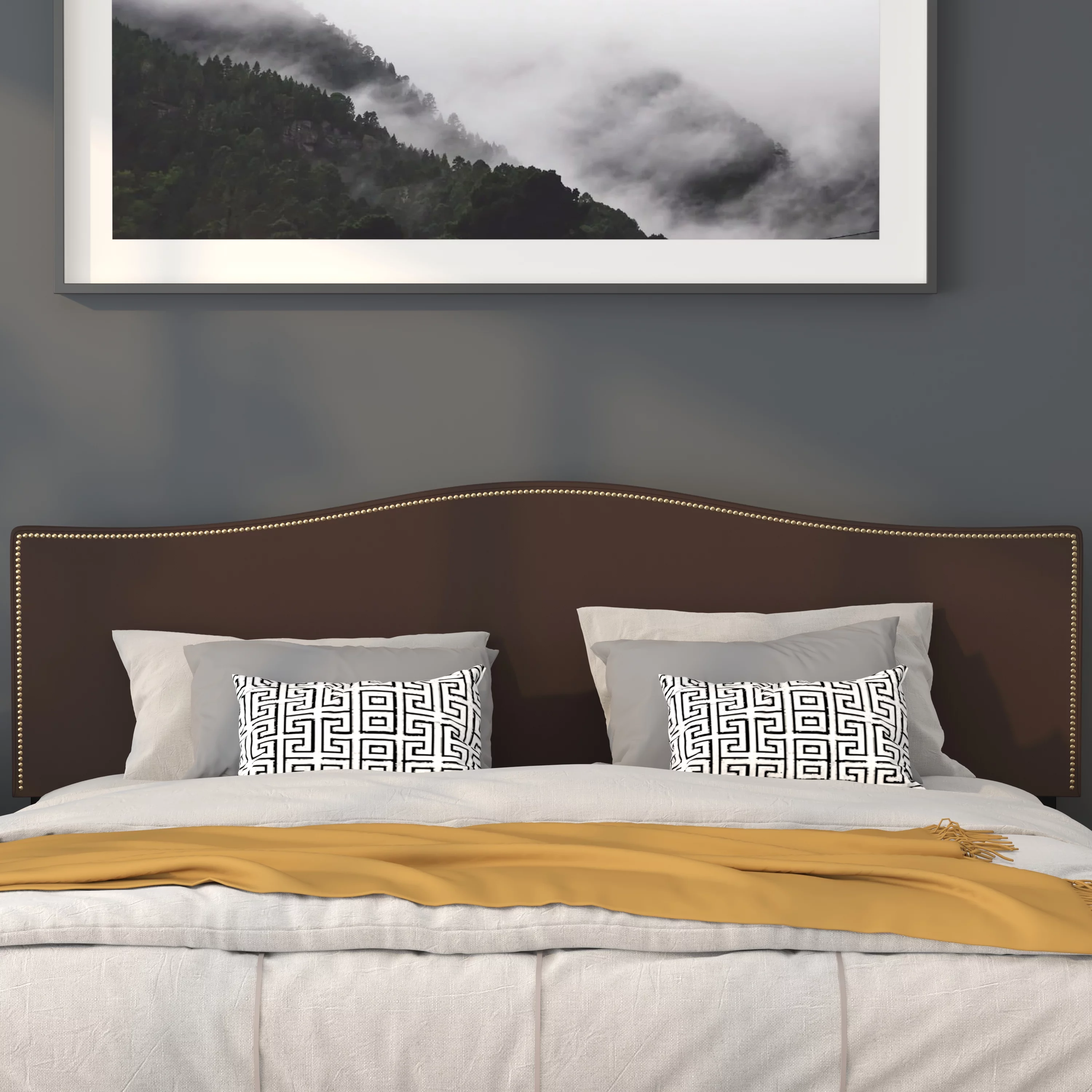 Emma + Oliver Upholstered King Size Headboard with Nailtrim in Dark Brown Fabric