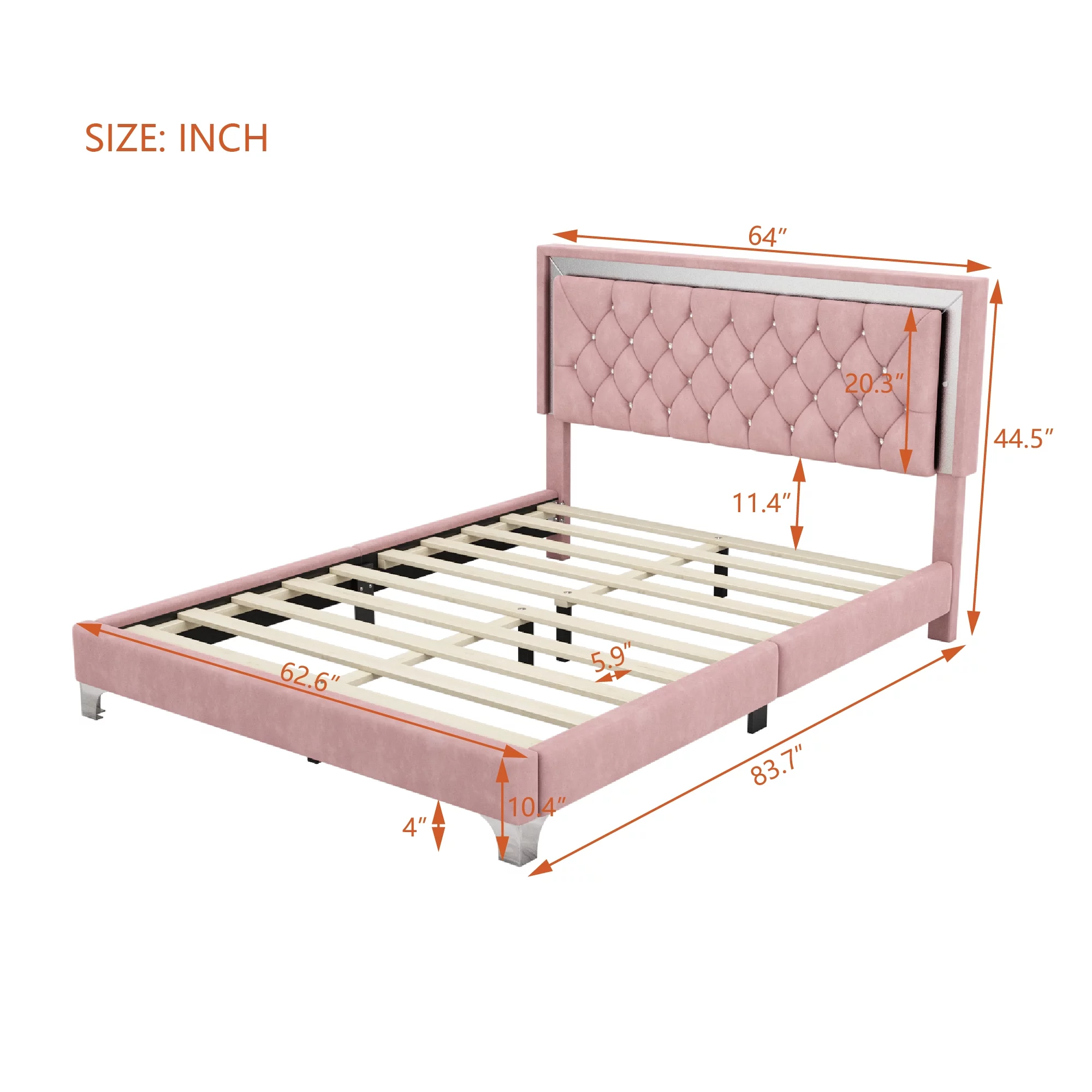 4 EVER WINNER Queen Size Bed Frame, Upholstered Platform Bed with LED Light Headboard, No Box Spring Needed, Pink