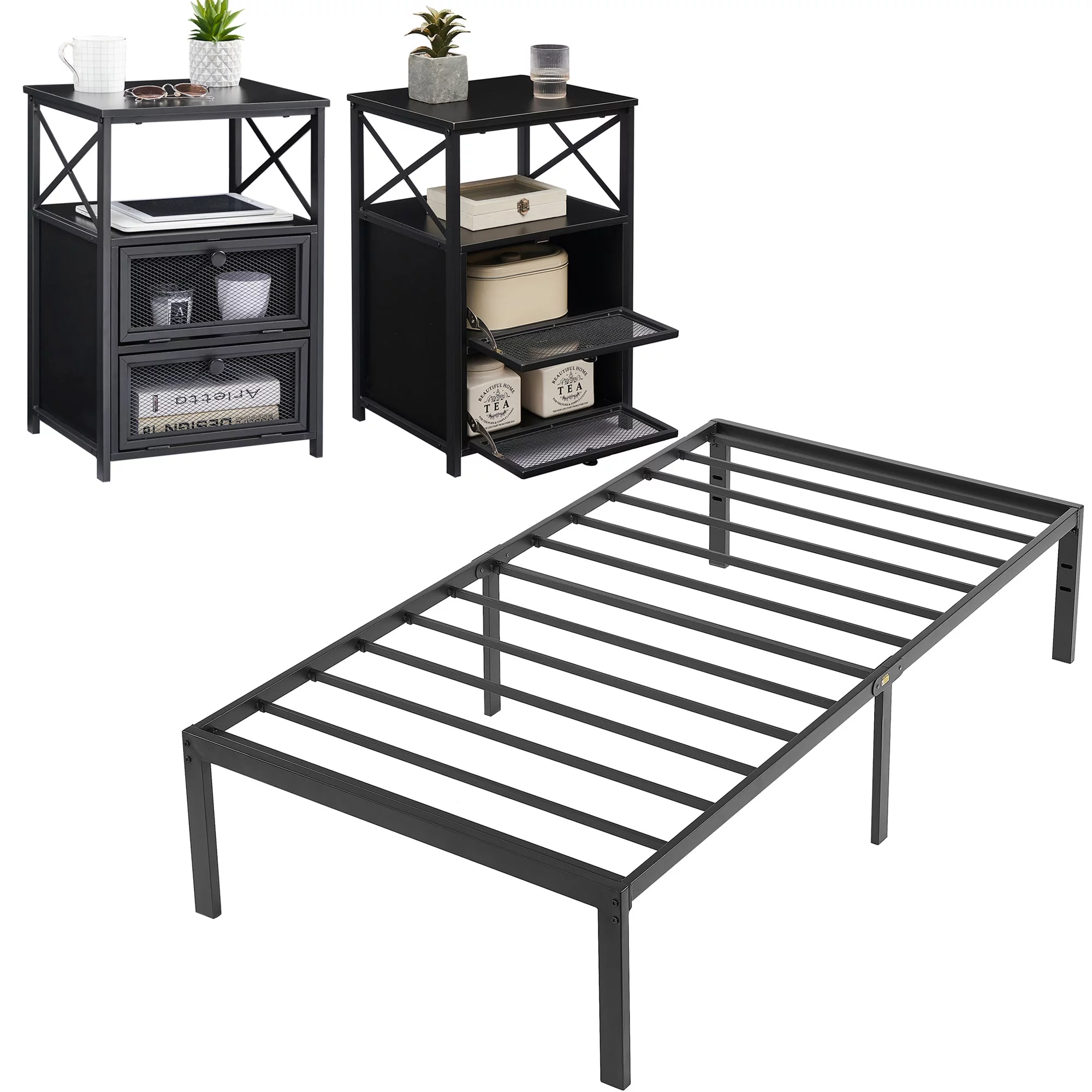 VECELO 3-Piece Twin Bedroom Sets Include Metal Platform Bed Frame and 2 Black Nightstands