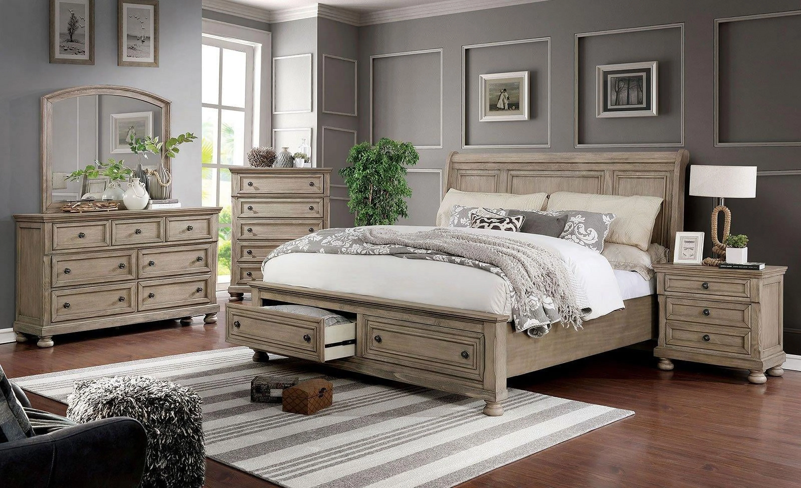 Transitional Gray Solid Wood King Bedroom Set 6pcs FOA CM7568 Wells