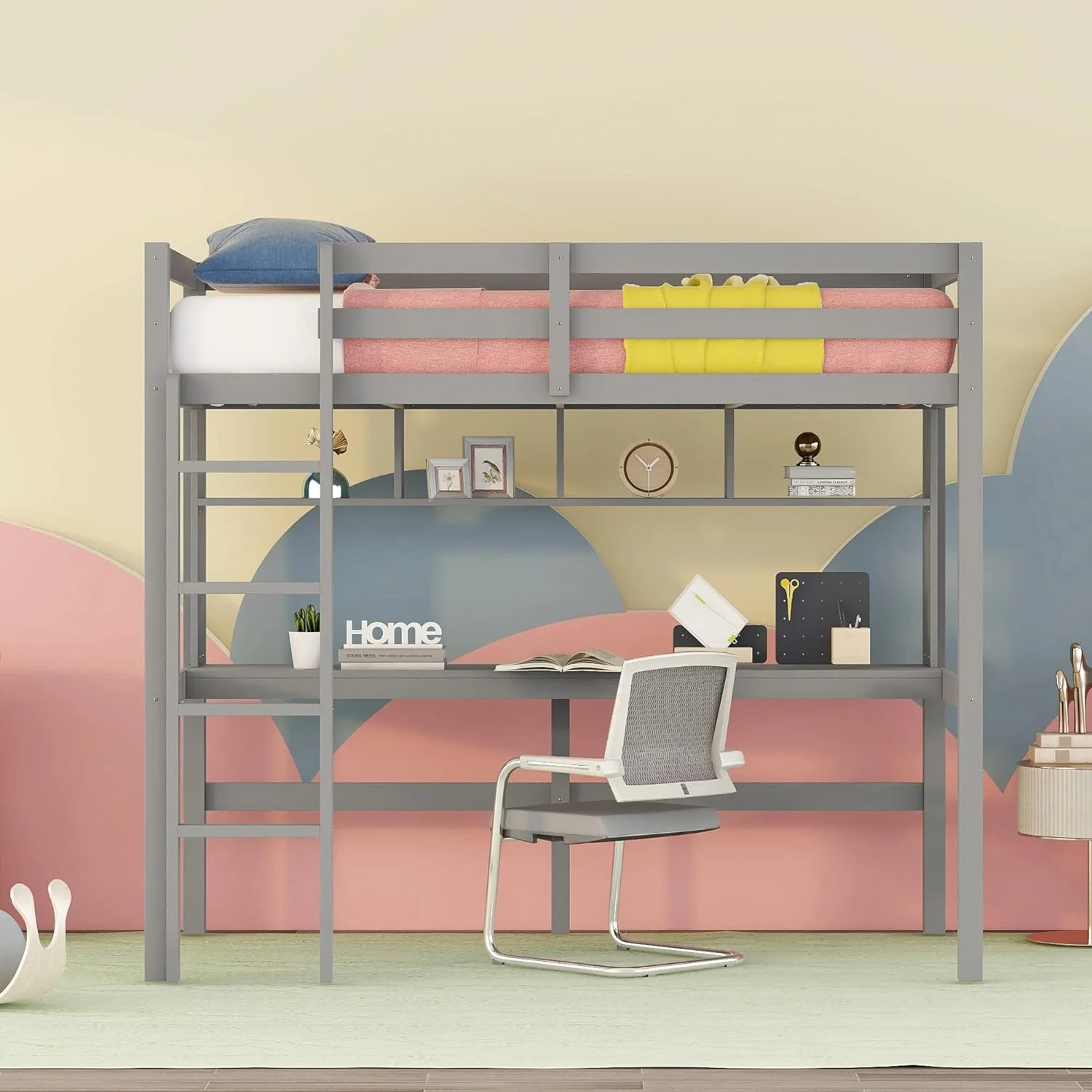 Loft Bed With Desk, Loft Bed With Shelves Bookcase, Wood Kids Loft Bed For Dorm, Boys & Girls Teens Teens, Gray