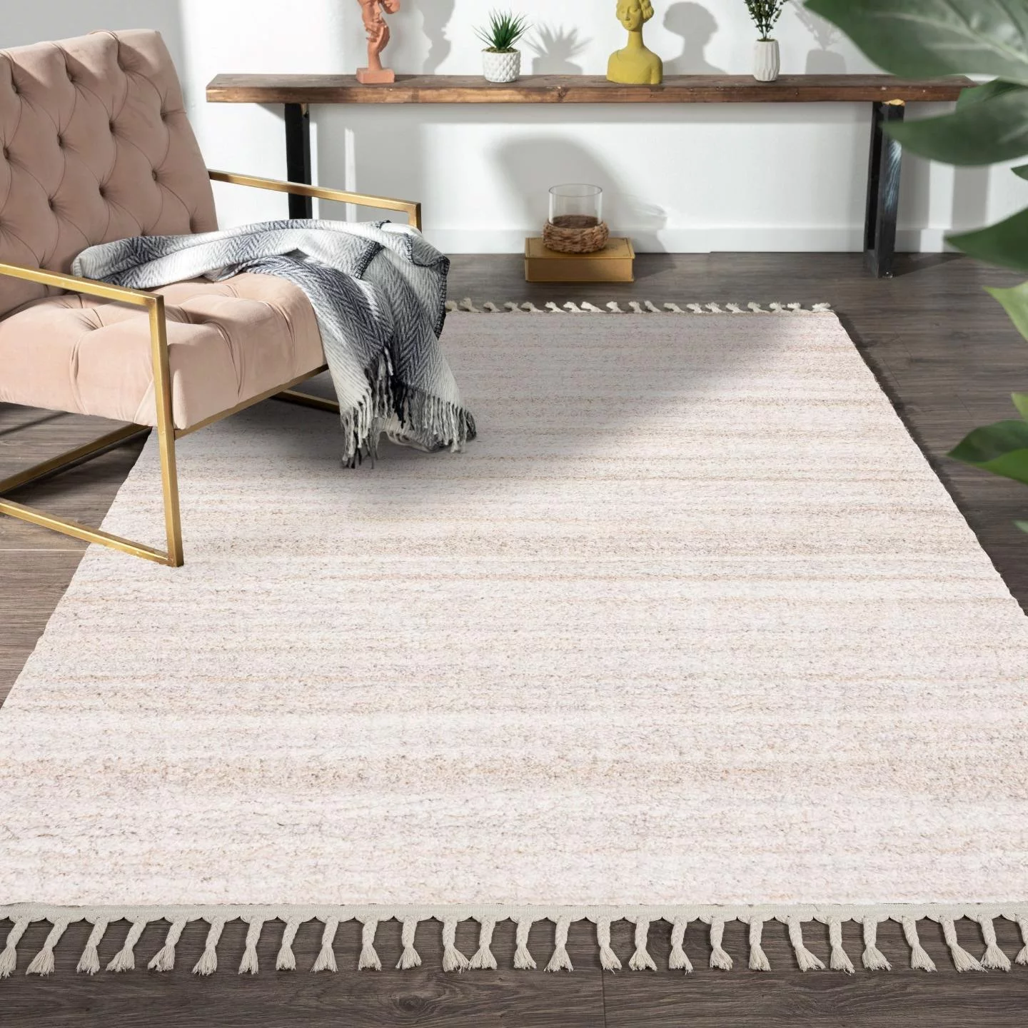 LUXE WEAVERS Shag Fringed Striped Ivory 5x7 Area Rug for Bedroom