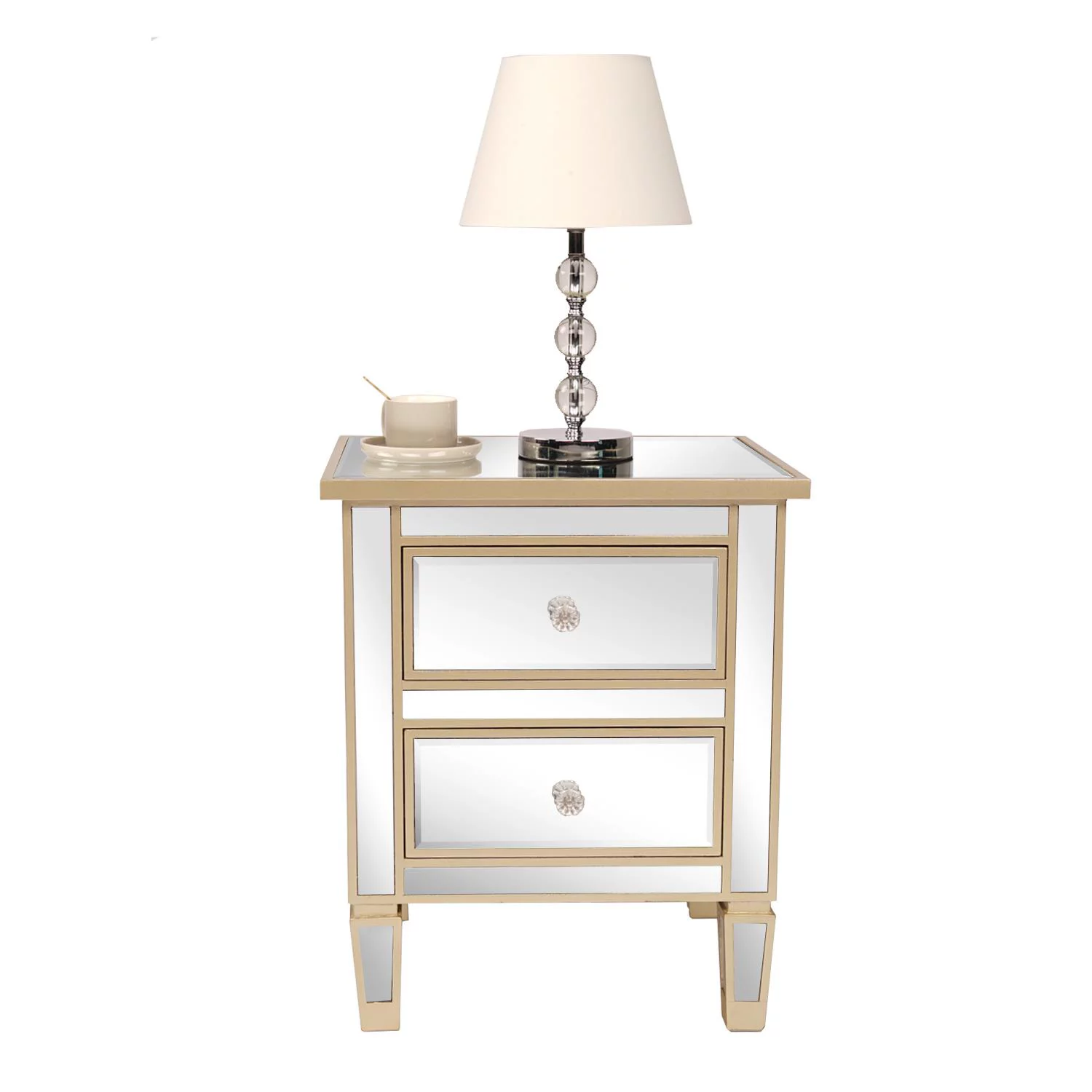 Zimtown Mirrored Nightstand 2 Drawer Modern Mirror End Table,Bedside Table for Bedroom, Living Room, Silver Frame with GoldBorders
