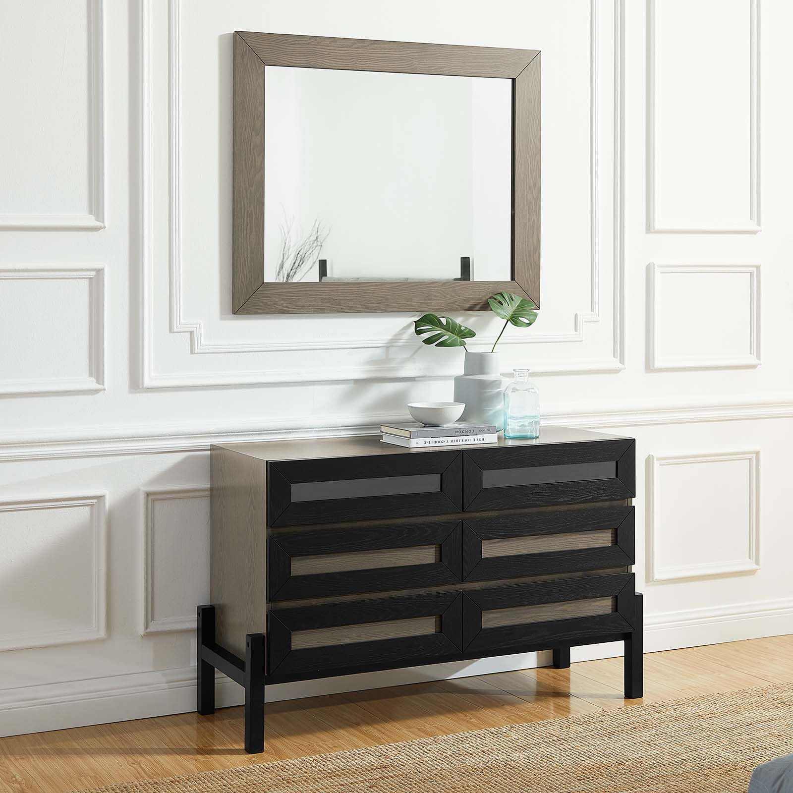 Dresser Drawer Chest Mirror Set, Brown Oak, Wood, Modern Contemporary, Mid Century Bedroom Living Master Guest Suite Room