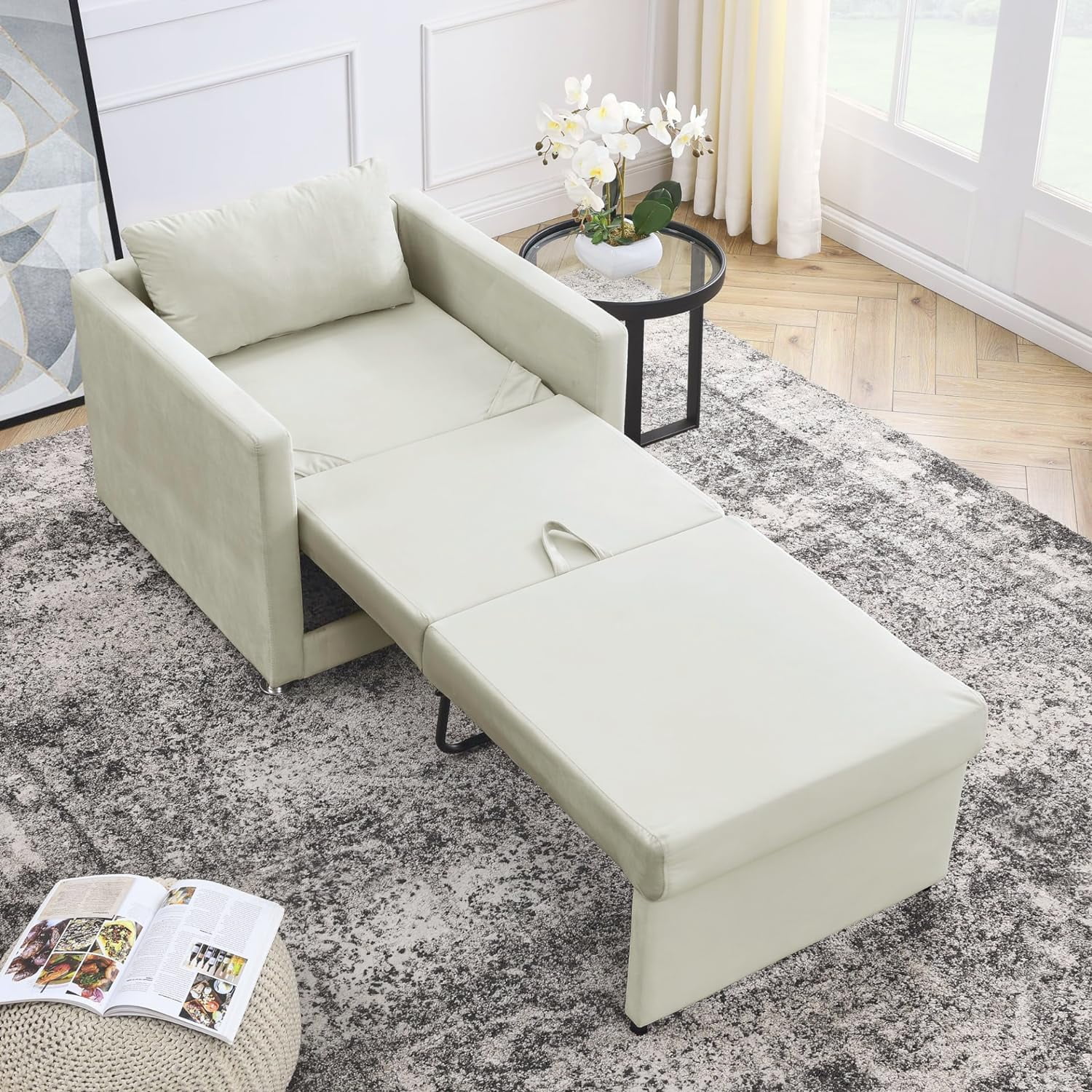 Tabaray 2-in-1 Convertible Chair Bed,Velvet Lounger Sleeper Sofa Chair with Pillow,Sofa Bed Chair Reading Chair for Small Space Living Room,Beige