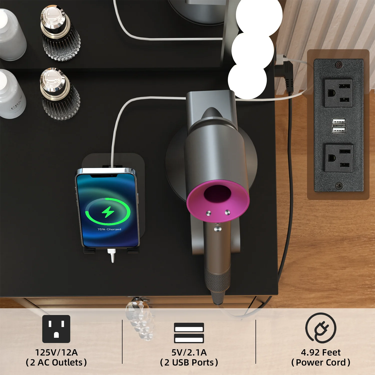 RichYa Vanity Desk Modern Makeup Table with Large LED Mirror and Power Outlet 2 Slidding Storage Black