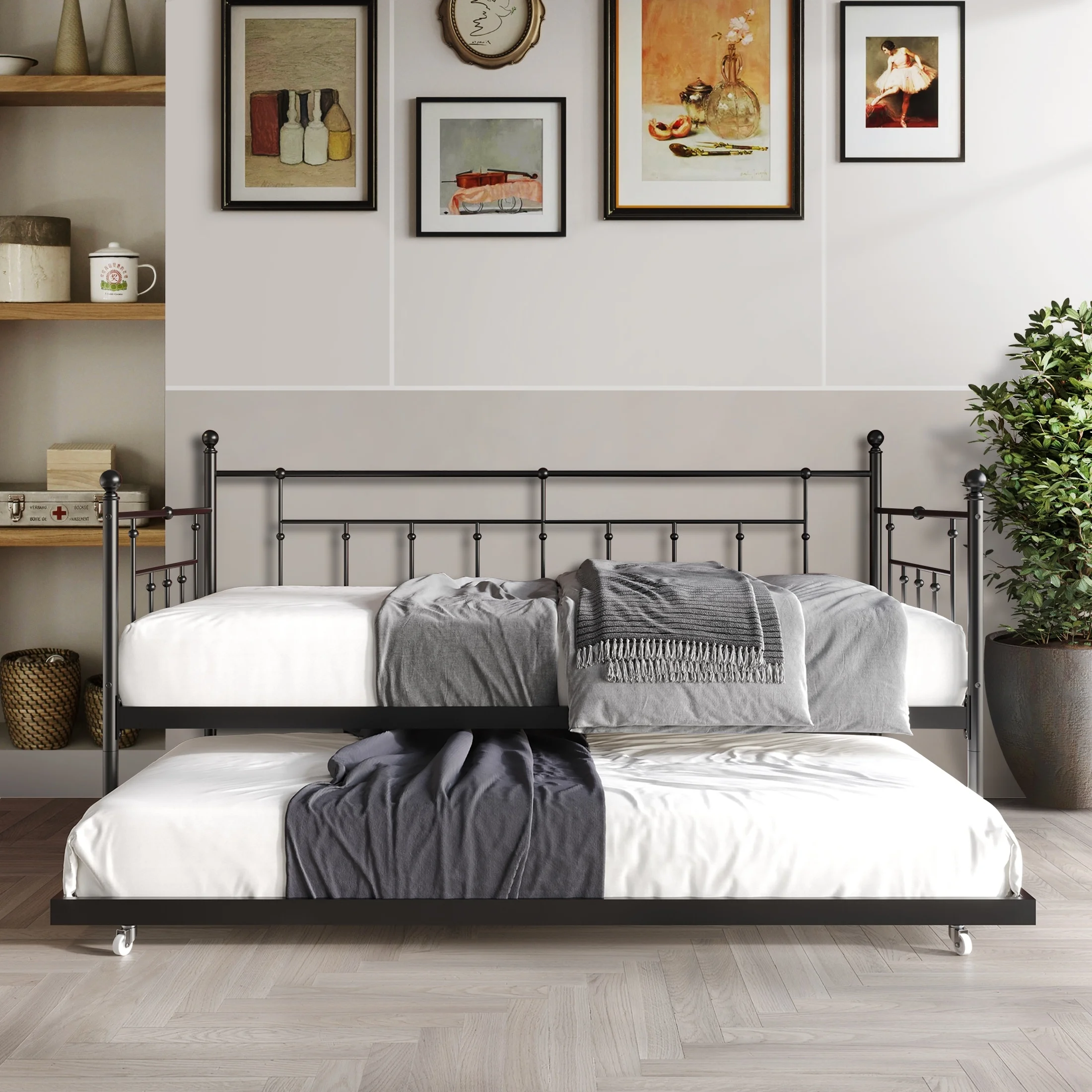 CraftPorch Classic Victorian Metal Twin Daybed with Trundle Black