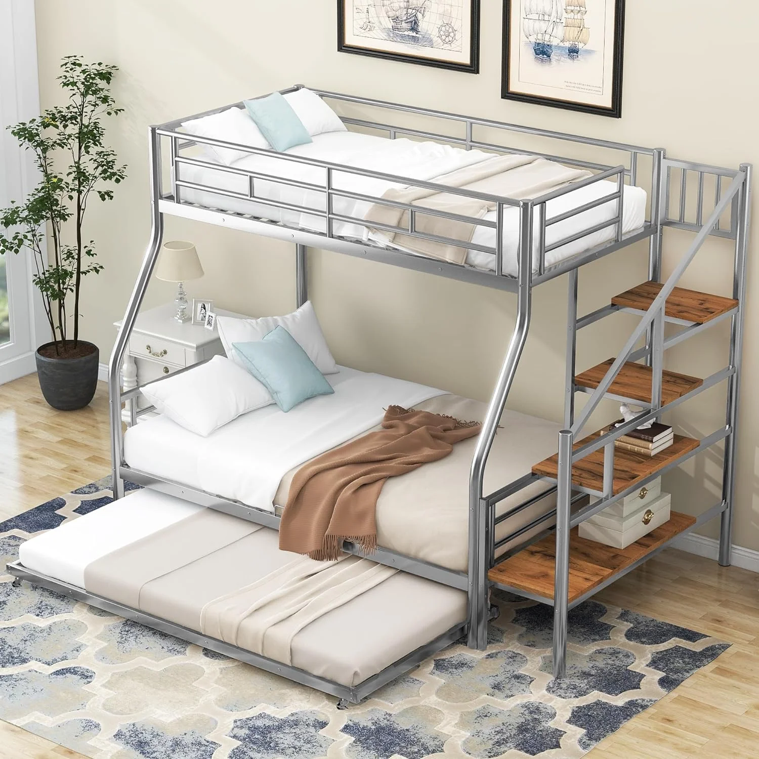 Over Full Bunk Bed With Trundle And Stairs, Metal Bunk Bed With Storage, Silver
