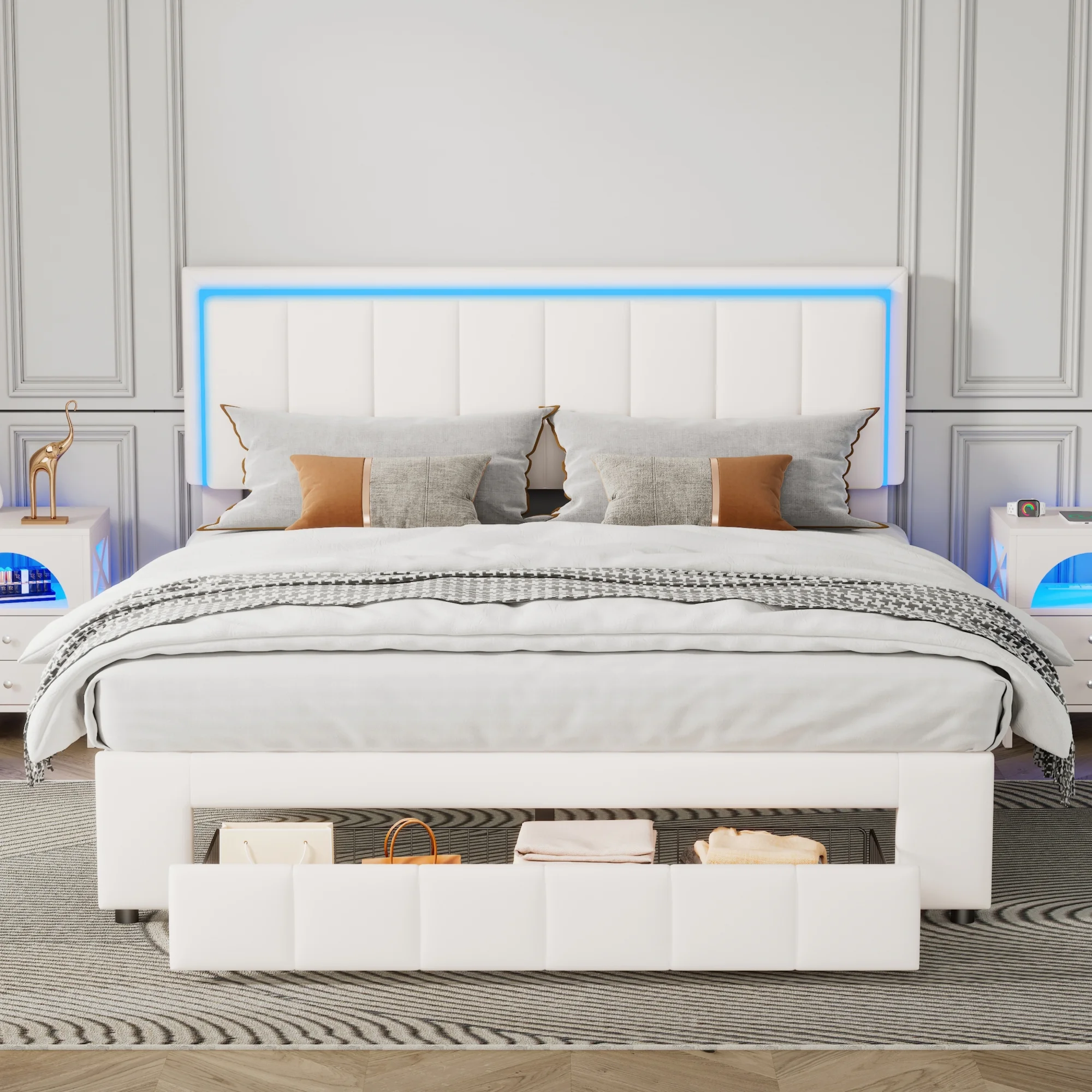 CoSoTower Upholstered Platform Bed with LED Lights and Two Motion Activated Night Lights,Queen Size Storage Bed with Drawer,White