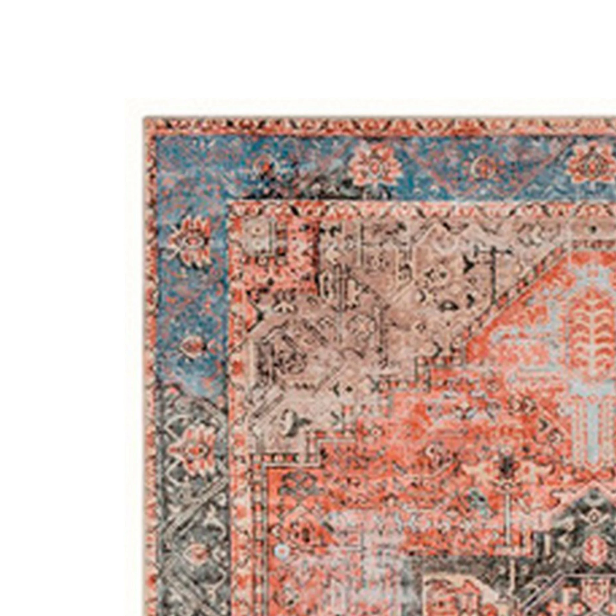 Aza 5 x 7 Washable Soft Area Rug Mandala Border Medium Washed Blue Orange- Saltoro Sherpi