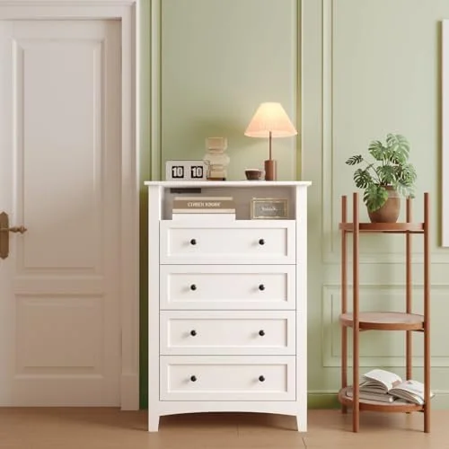 RUNFAYBIU 4 Drawer Dresser for Bedroom with LED Lights Chests of Drawer with Charging Station White Modern Dresser with Deep Drawers for Hallway Living Room