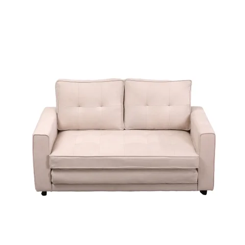 Beige Folding Sofa Bed with Two Storage Pockets, Linen Convertible Foldable Couch Bed