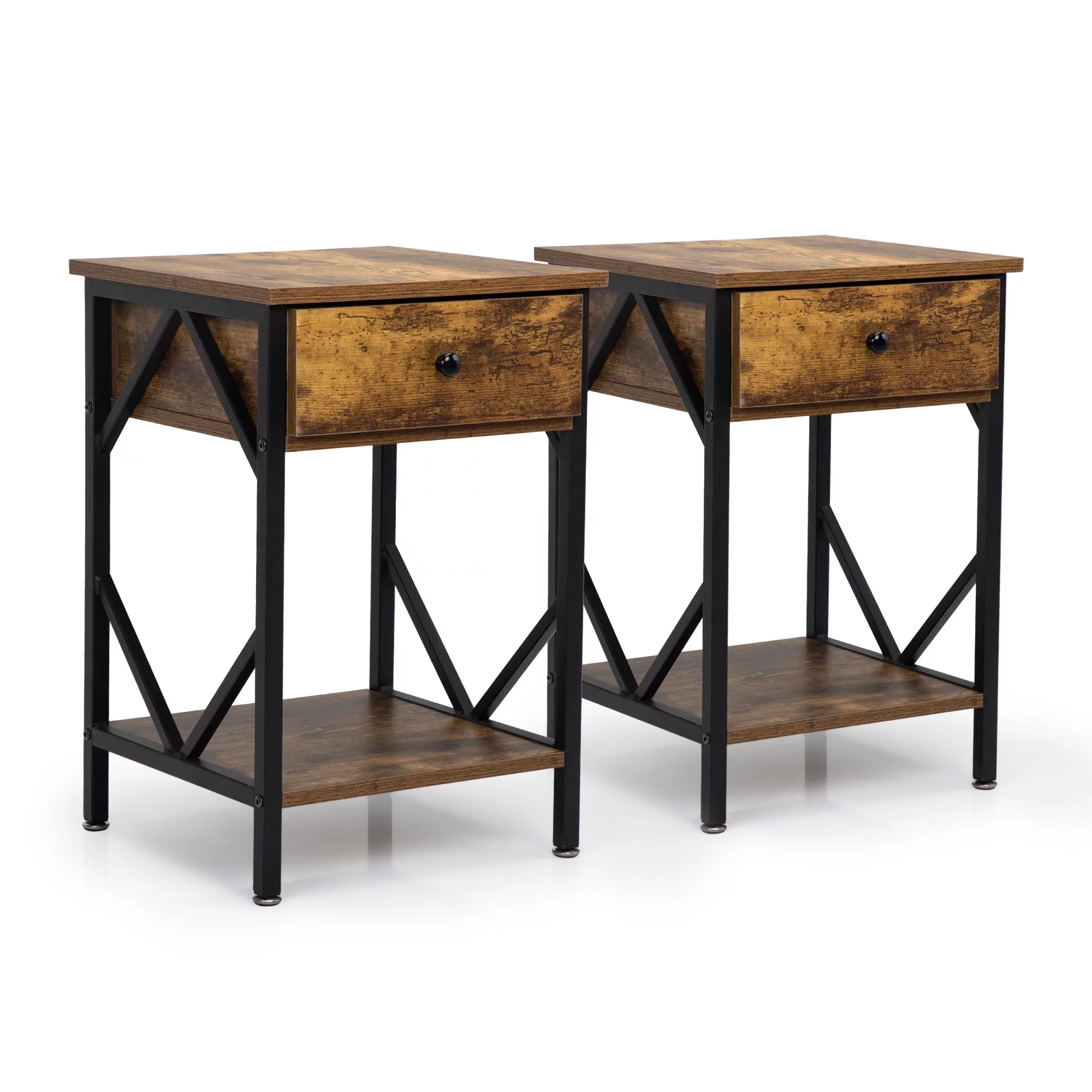 2PCS Farmhouse Nightstand with Drawers, Wood Side Table with Storage Shelf and Metal Frame, Rustic Brown End Table Furniture for Living Room Bedroom Office