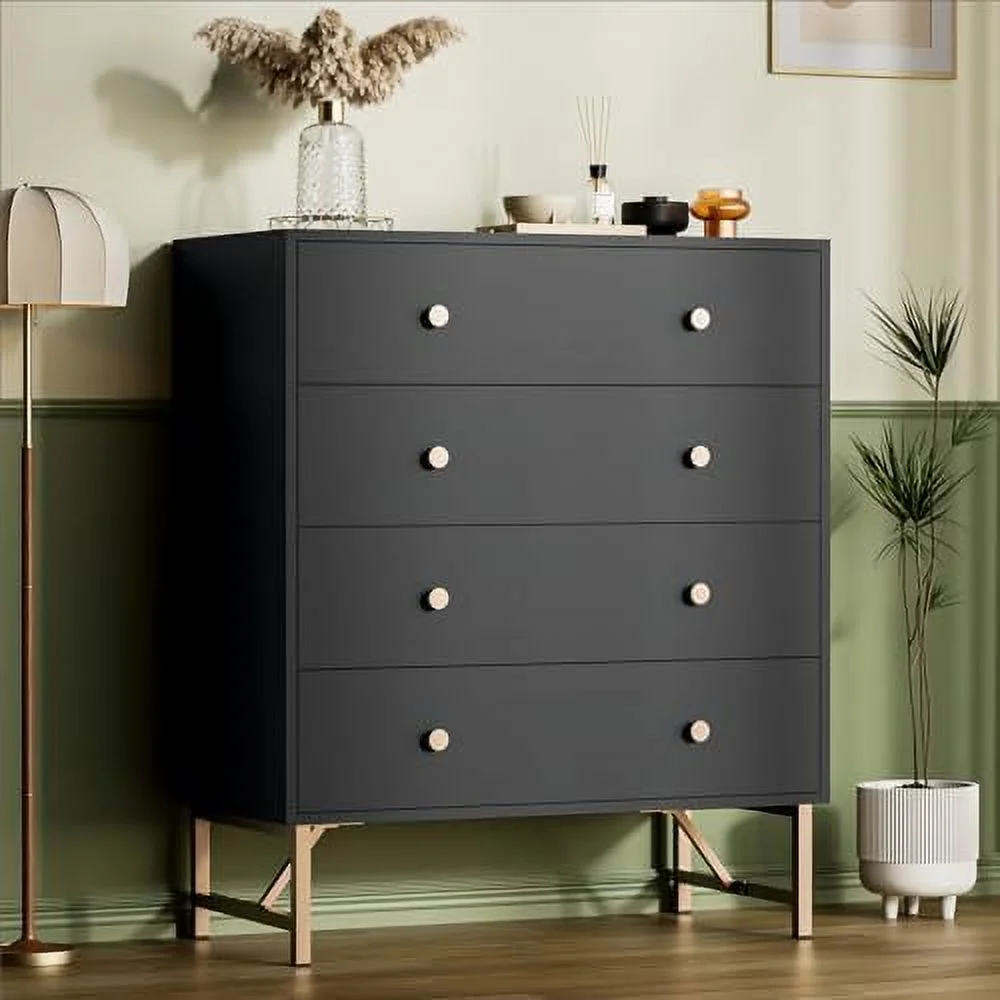 NLIBOOMLife Modern 4 Drawer Dresser 4 Drawer Chest of Drawers with Gold Knobles and Legs Closet Dresser Chest of Drawer for Bedroom Living Room White