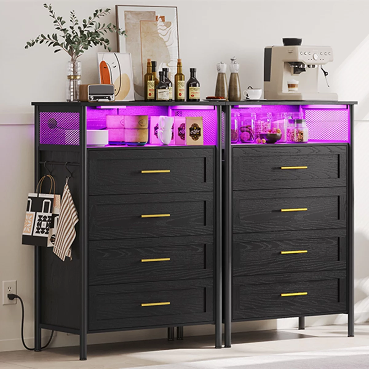 4 Drawers Dresser with Charging Station and LED Lights for Bedroom ,Chest of Dresser with Side Pockets and Hooks, Industrial Style, Wide Dresser with Open Shelves