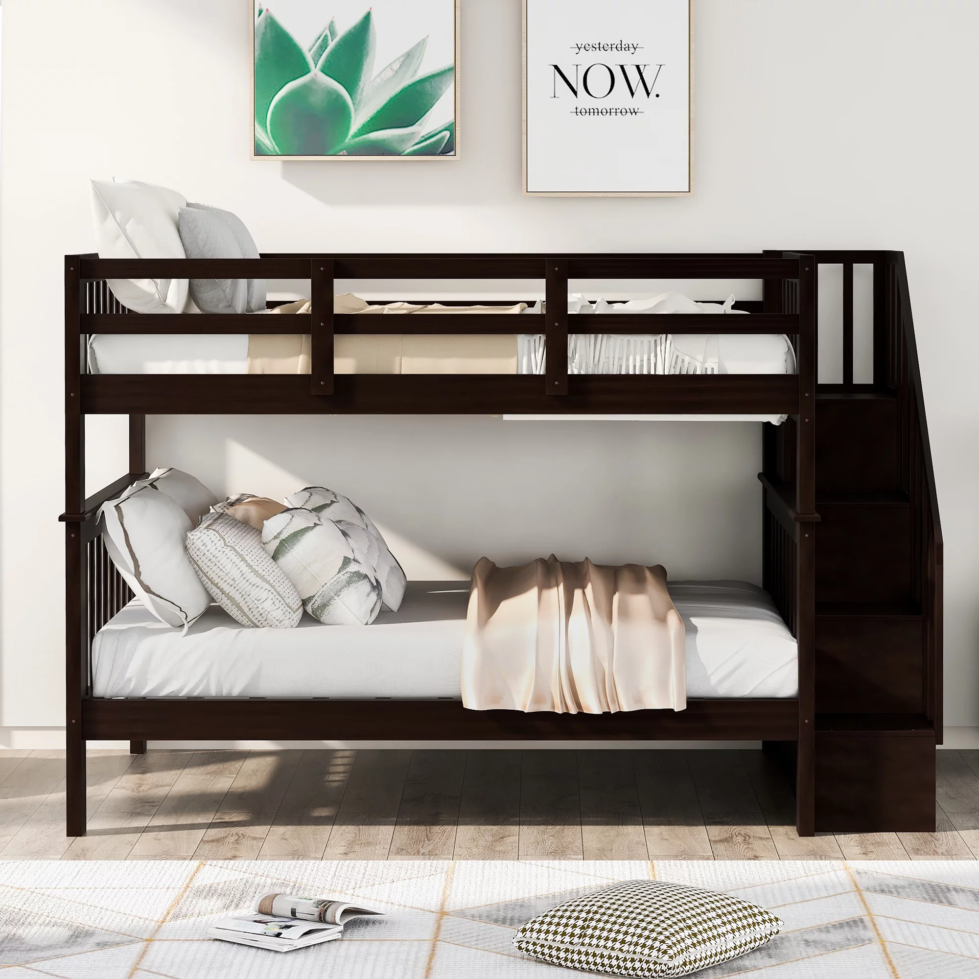CoSoTower Stairway Full-Over-Full Bunk Bed With Storage And Guard Rail For Bedroom, Dorm, Espresso