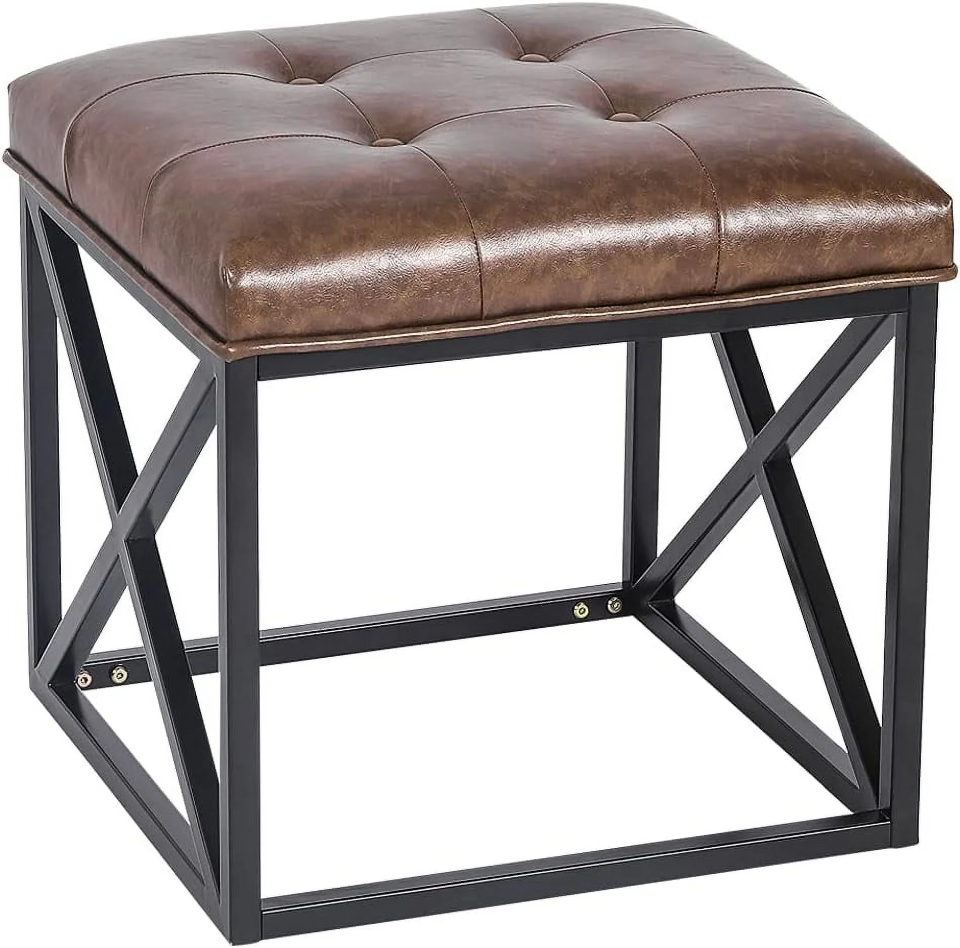Upholstered Button Tufted Coffee Table With PU Leather Padded Seat, Square Ottoman Footstool With Metal Base Leg, End Of Bed Bench Footrest For Living Room Bedroom Entryway (Square, Brown)