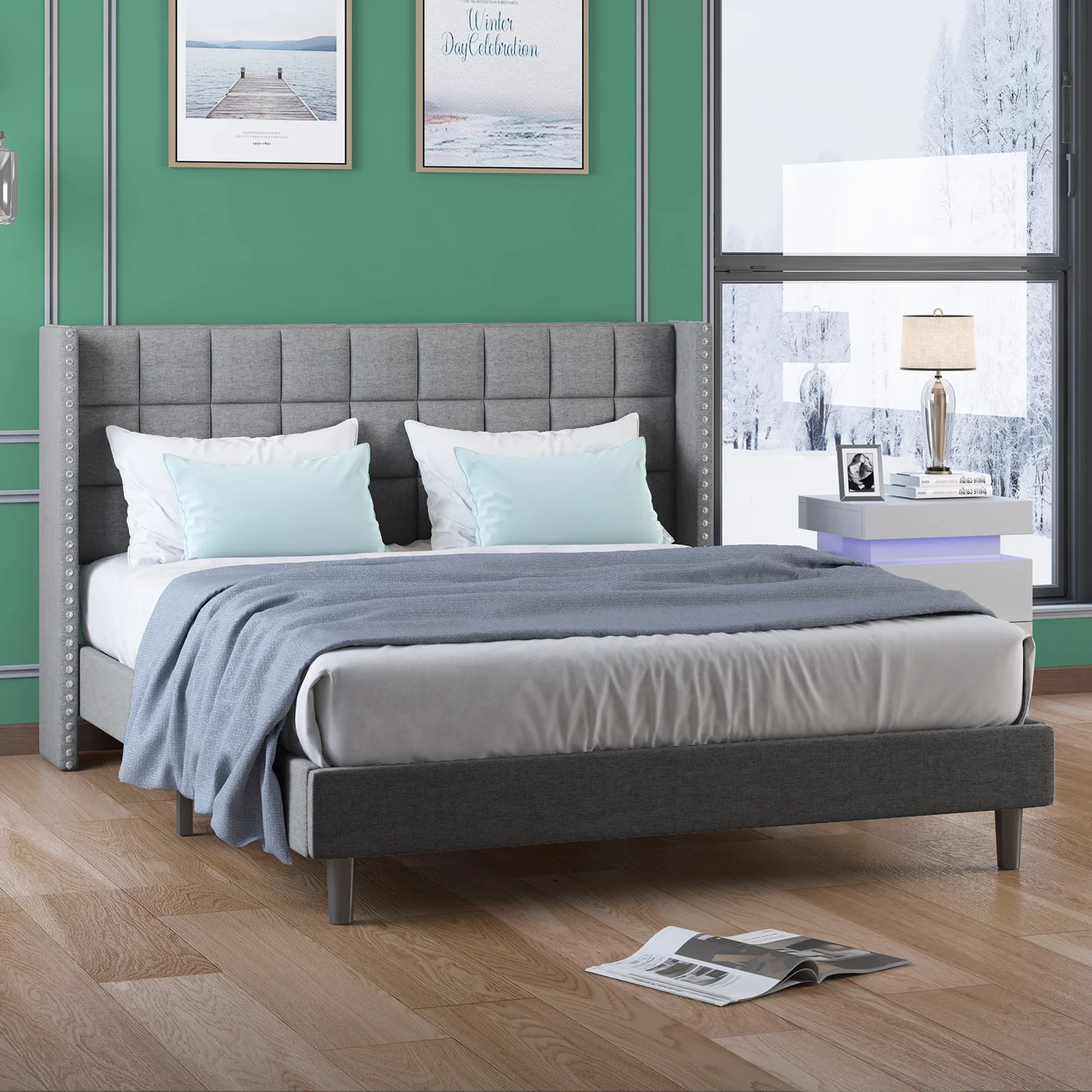 ijuicy Bed Frame with Wingback Headboard, Modern Platform Bed Frame, Velvet Bedframe Queen Size, Bedroom Furniture with Two Rows of Rivet Design(Dark Grey)