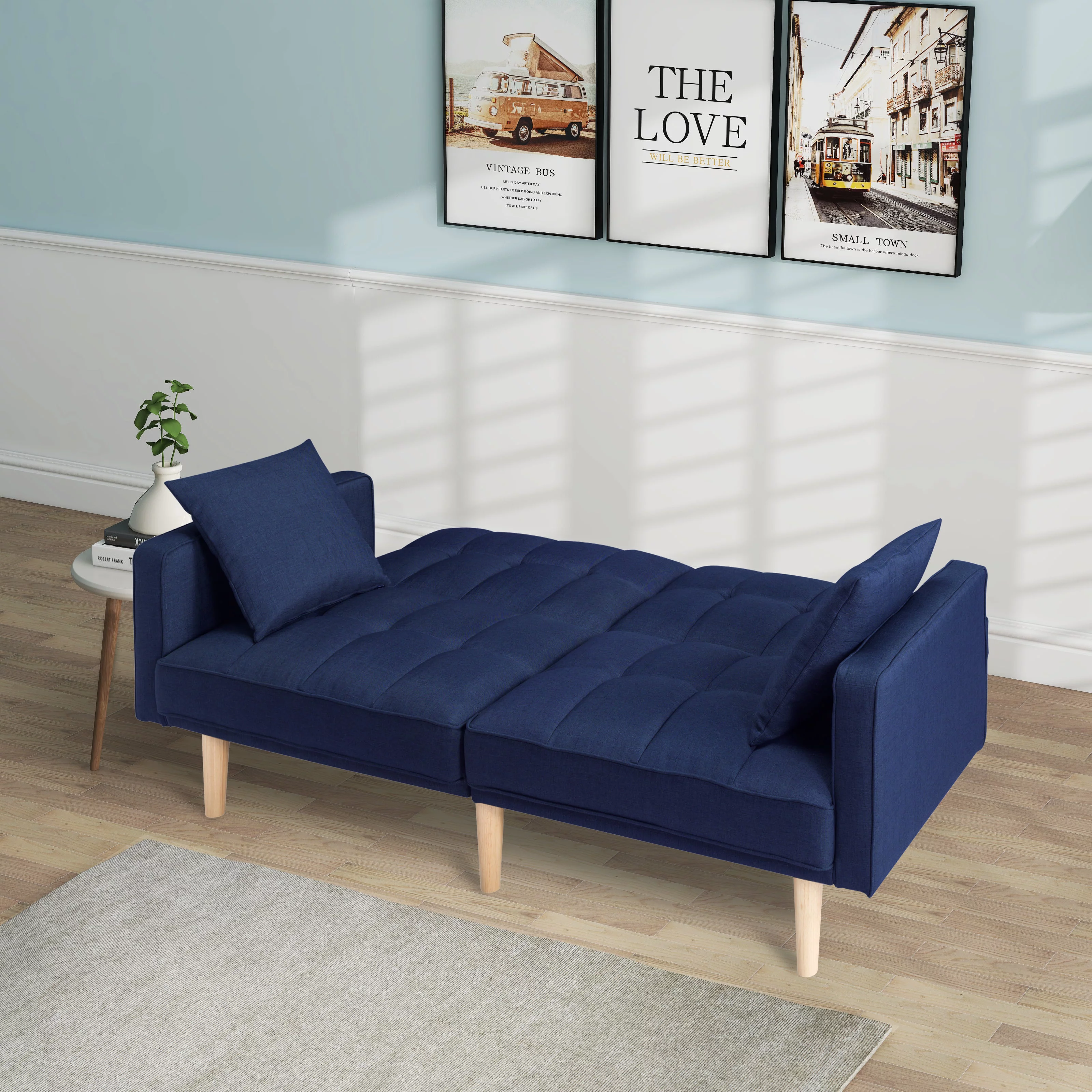 BSHTI 71.3 inch Futon Sofa Bed, Modern Sleeping Chouch with 2 Pillows for Livingroom(Navy Blue)