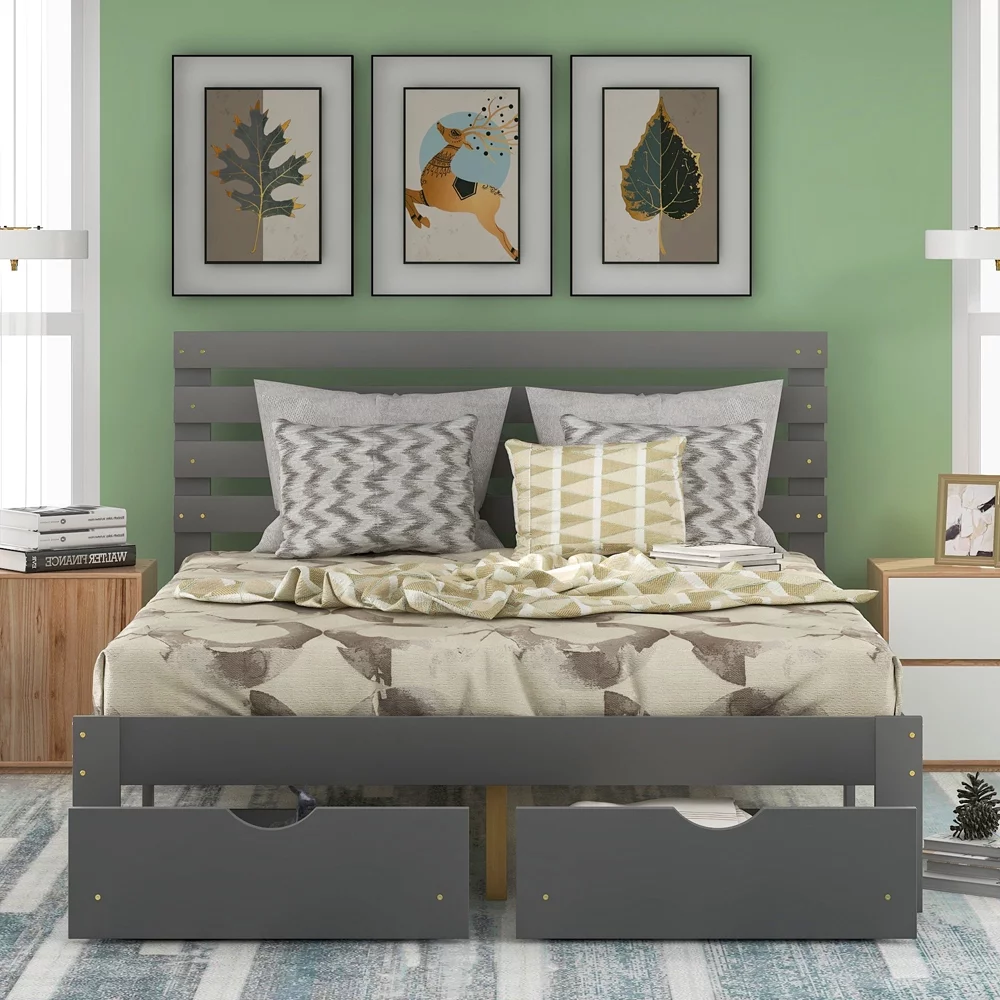Queen Size Platform Bed with Drawers, Bed Frame with Headboard and Footboard/ No Box Spring Needed for Kids Teens Bedroom, Grey
