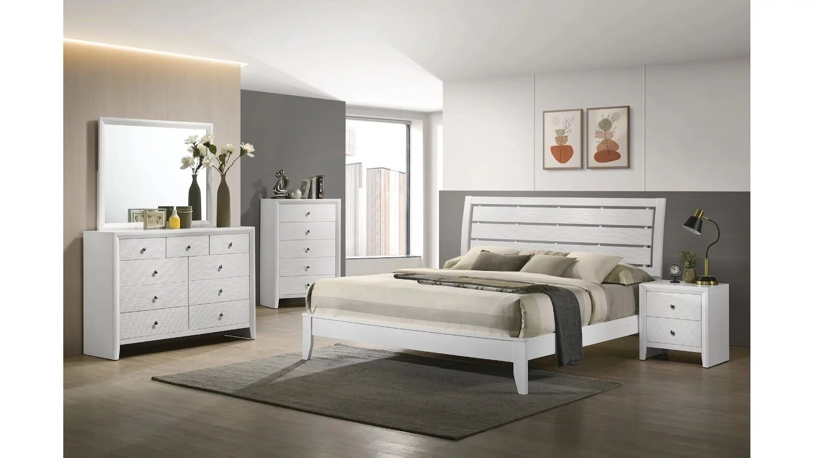 6pc Beautiful White Finish King Size Panel Bed Set Wooden Master Bedroom Furniture