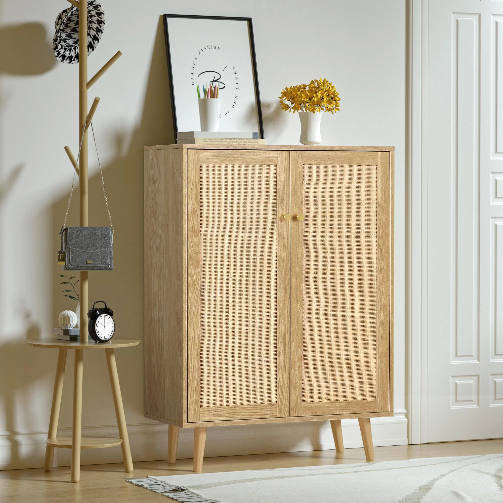 Eumyviv Rattan Storage Cabinet with 2 Door, Farmhouse Sideboard Tall Storage Cabinet for Living Room Entryway, Oak H0030