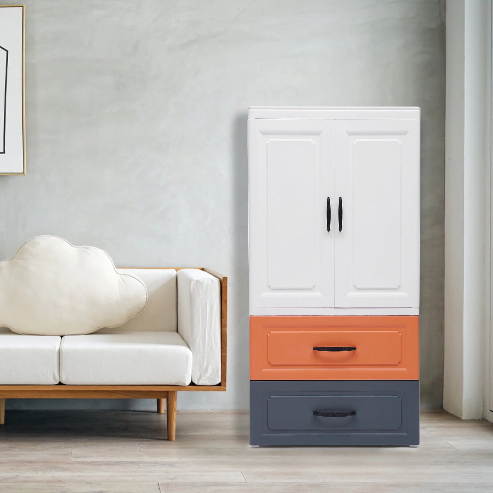 TFCFL Plastic Drawers Dresser with 4 Wheels , Sturdy Storage Cabinet with 2 Drawers and 1 Large Cabinet