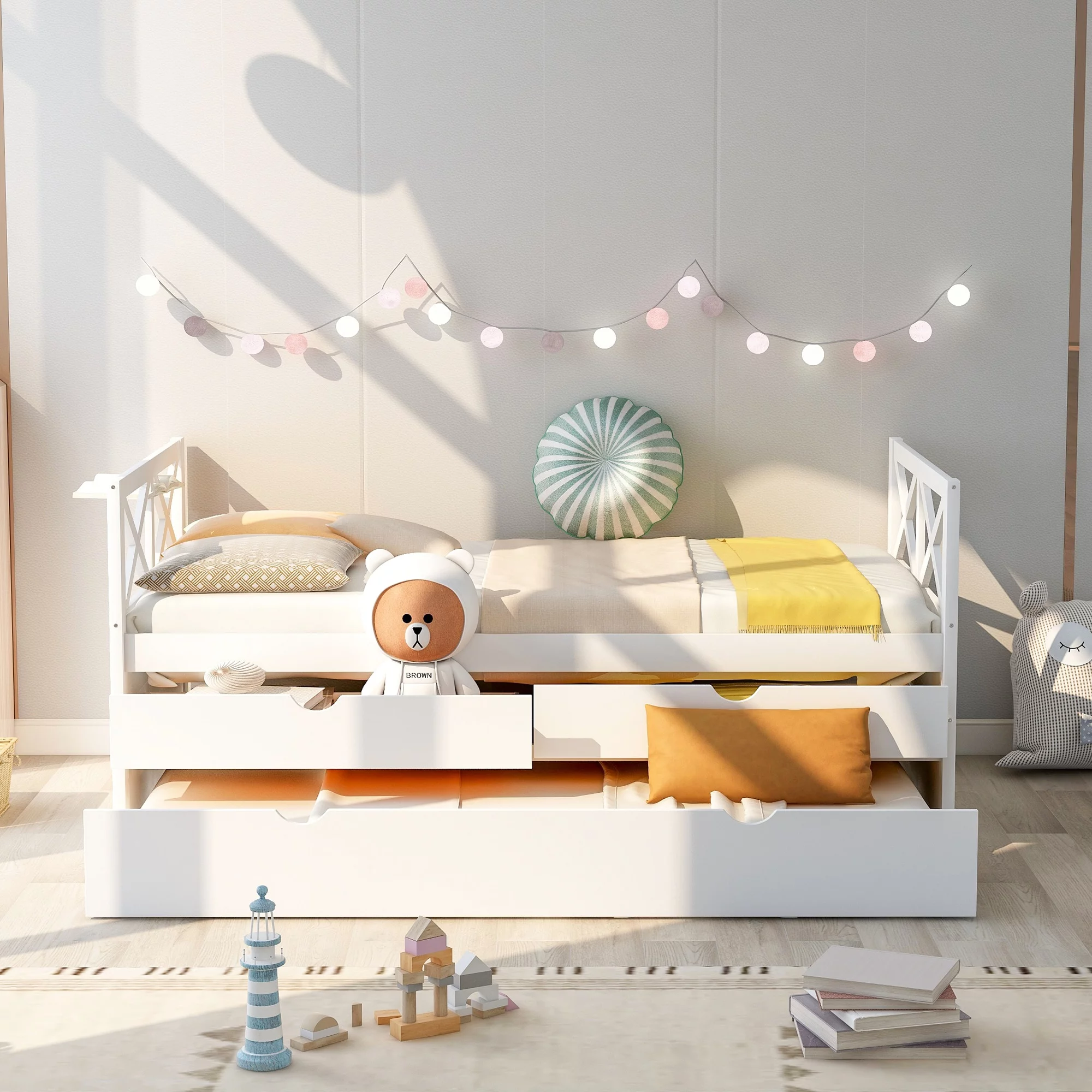 White Rustic Style Multi-Functional Solid Pine Wood Daybed with Two Large Drawers and Extra Trundle, Assembly Required