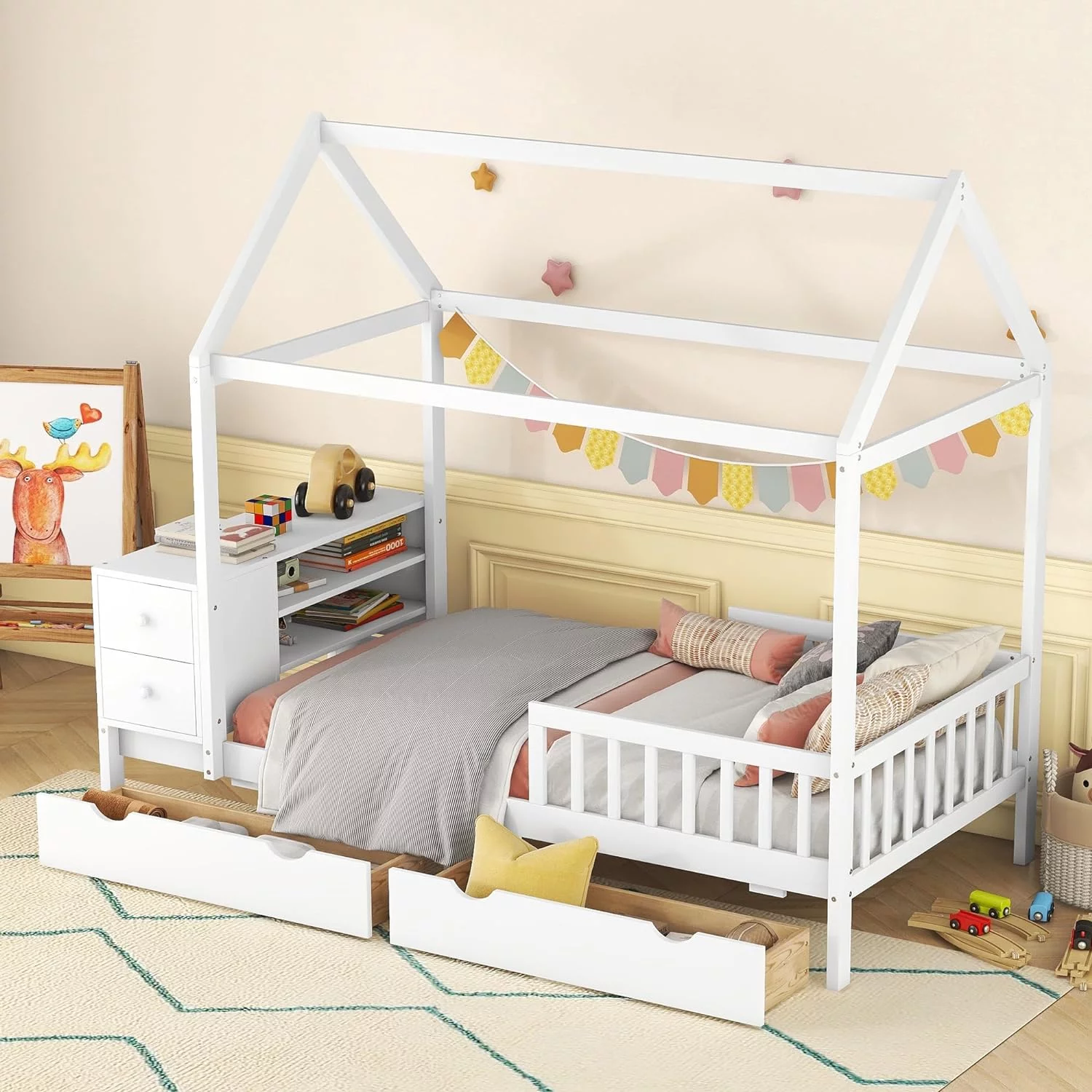 House Bed For Kids Storage Bed With Bookcase And Drawers, Shelves And Desk, Bed With Fence For Girls Boys (White)