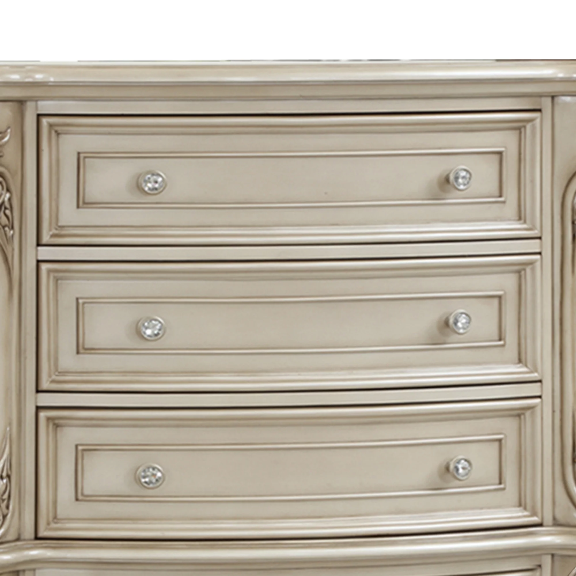 5 Drawer Wooden Chest with Scroll Design and Carved Feet, Antique White
