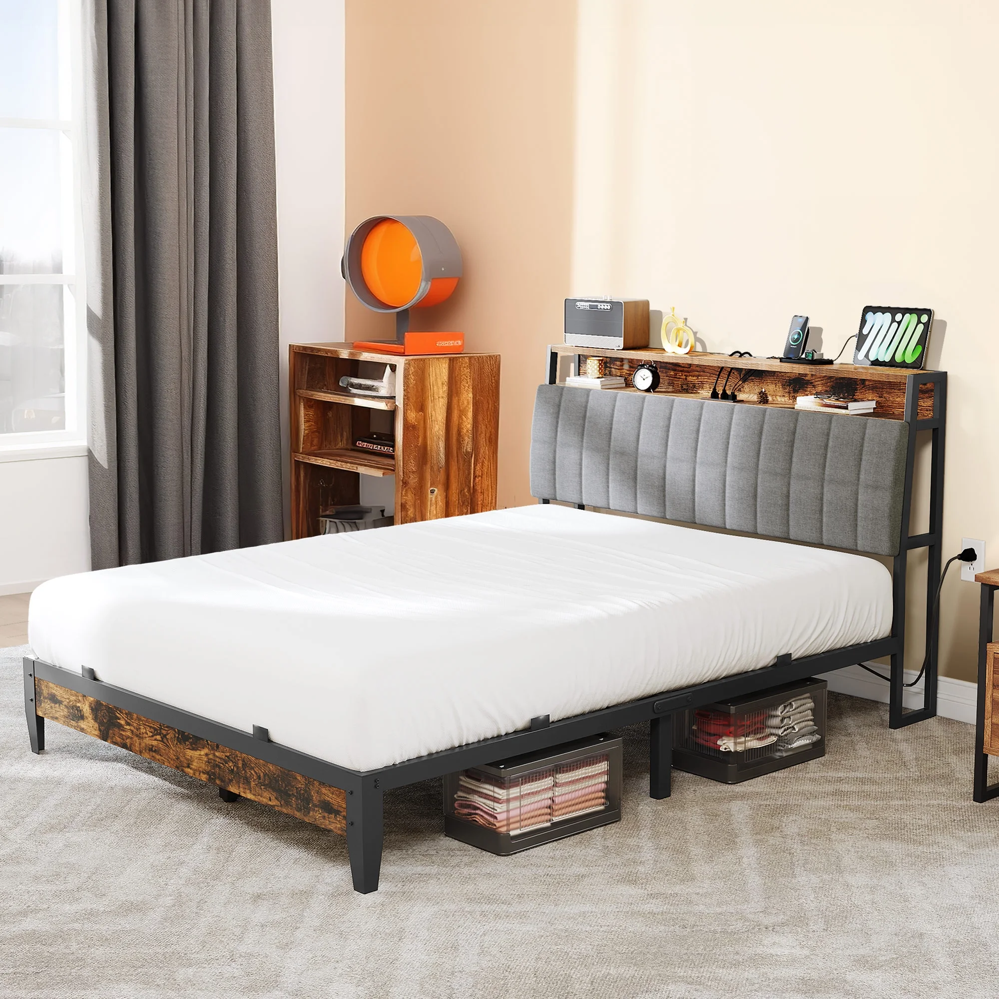 Dextrus Queen Bed Frame with Charging Station, Upholstered Platform Metal Bed, Rustic Brown and Gray