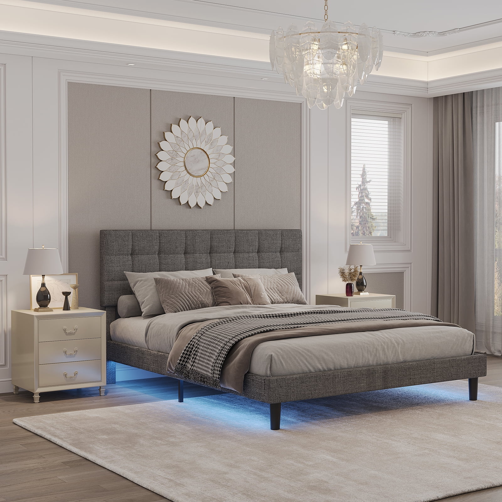 Upholstered Platform Bed, Queen Size Bed Frame Panel Bed - 43 inch Faux Leather Bedroom Platform w/LED Light Headboard 16 Color Changing LED Lights