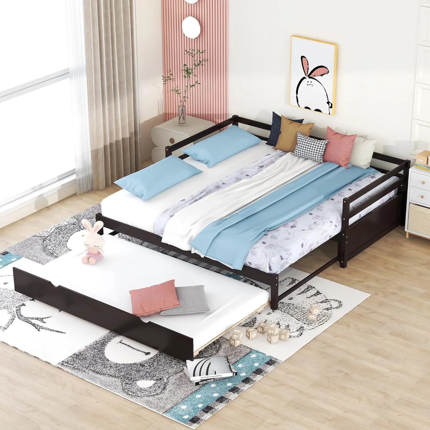 Exedable Daybed Wih rudle, Wood o Dble Pull rudle For Kids ees, Exedig Sofa Bed Livig Room, Bedroom, Gues Room,Espresso