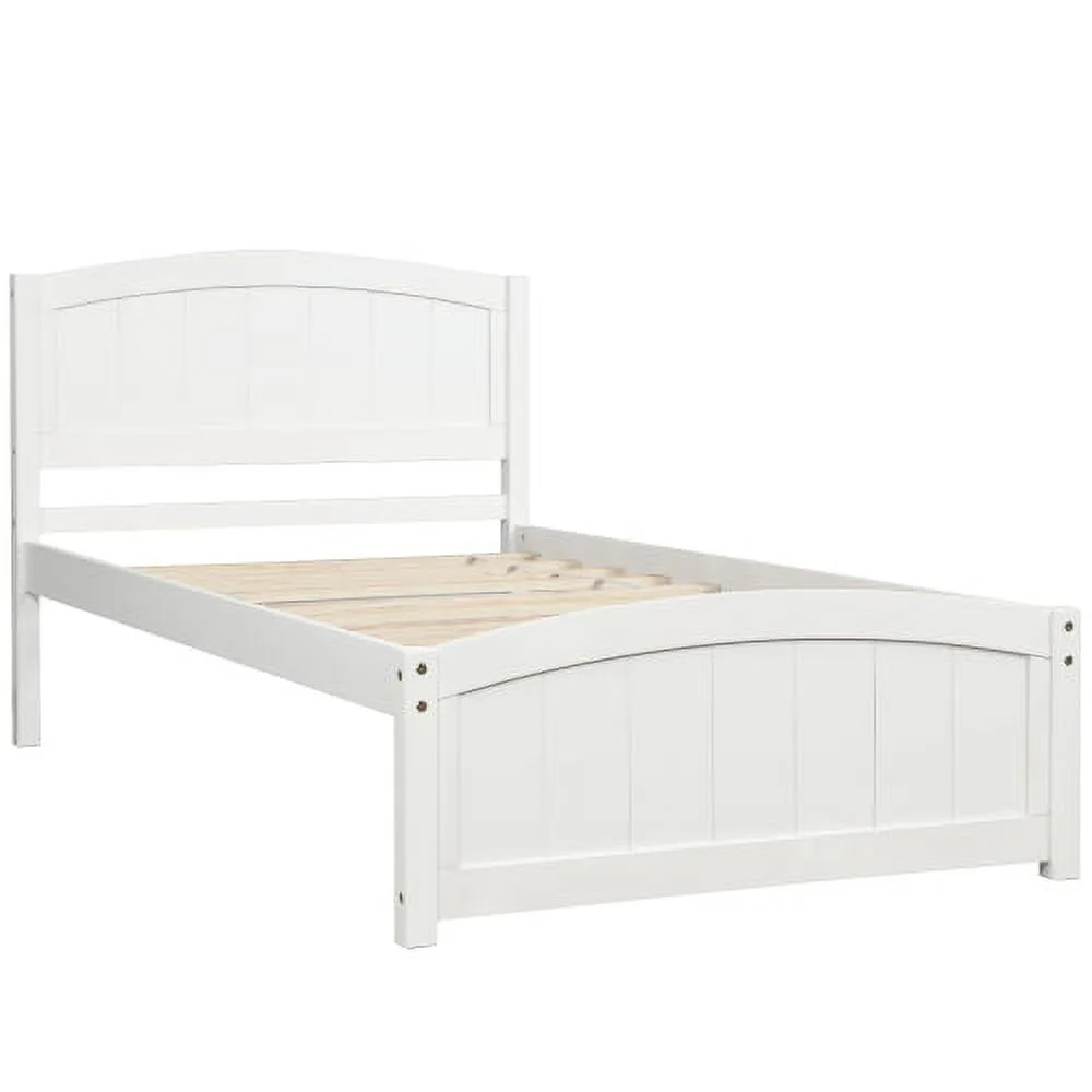 Twin Bed Frame Wood Platform Bed with Headboard Footboard and Wood Slat Support White