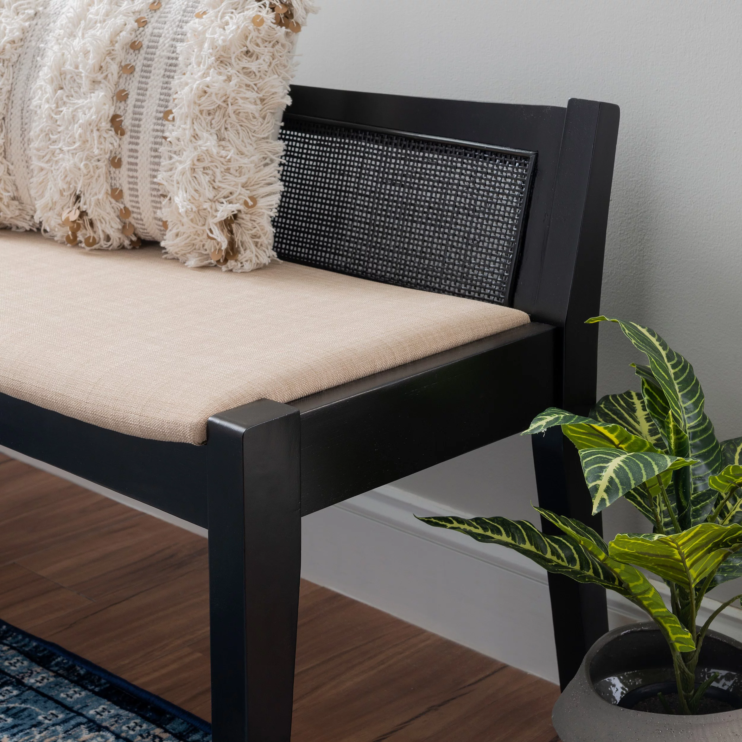 Powell Tramore Bench with Rattan Cane Back, Black